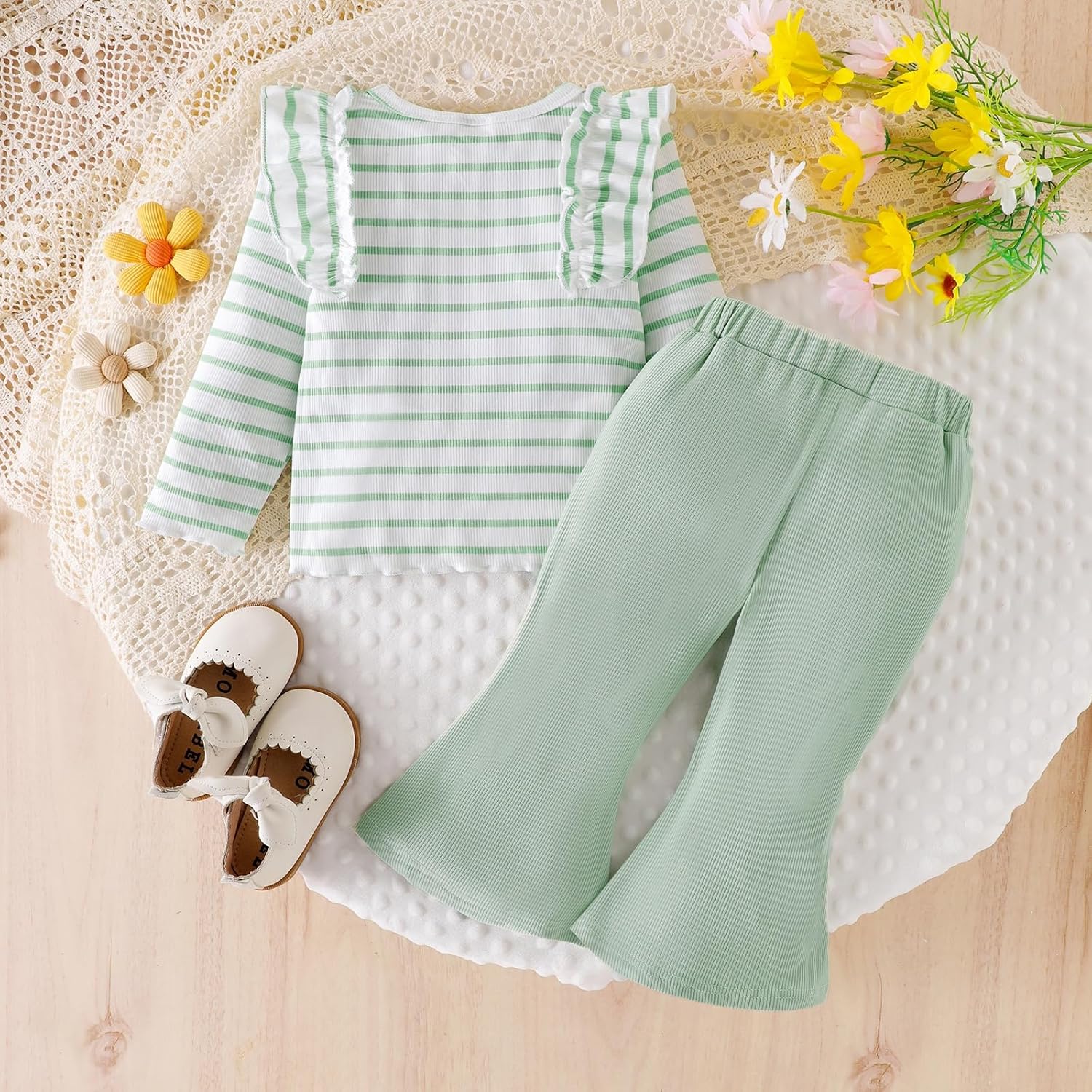 Baby Girl Clothes Toddler Fall Winter Outfits Cute Long Sleeve Striped Ruffle Shirt and Flared Pants Set 1-5 Years - Image 3