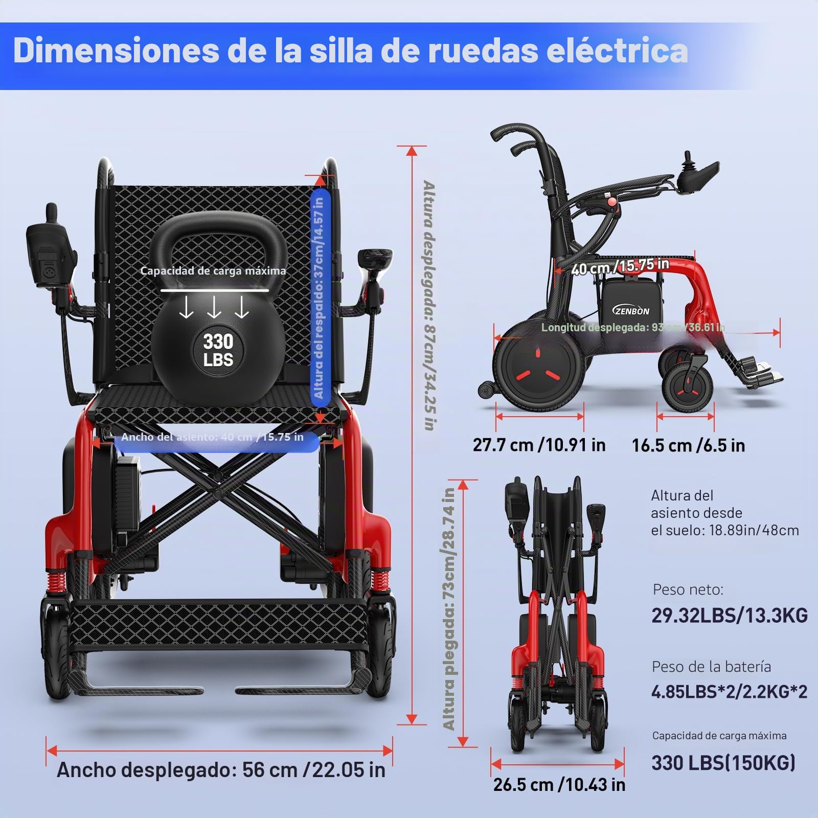 Carbono Silla de Ruedas Eléctrica Plegable Ligera con Doble Pila: 29 km Silla de Ruedas Eléctrica con Neumáticos a Prueba de Pinchazos, Hasta 150kg