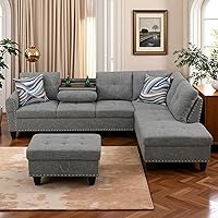 Vista 15 de Sofá modular de cuero en forma de L de 3 piezas – Sofá modular convertible con diván móvil y otomana de almacenamiento, uso multiescenario para sala