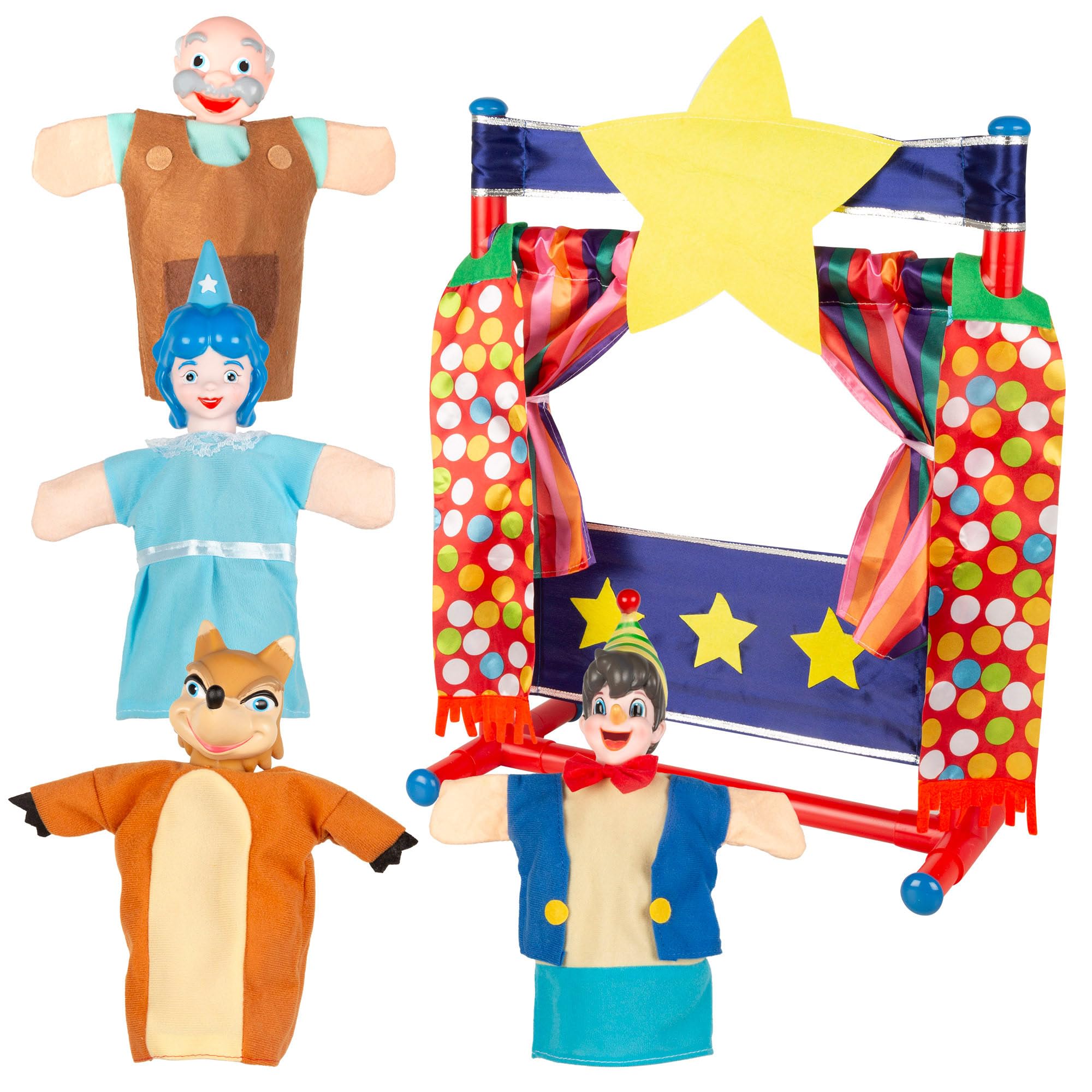 ColorBaby Cucu Show Set Teatro Burattini Pinocchio, 4 burattini 25 cm, Materiali Morbidi e sicuri, Giocattoli per Bambini, per Giocare in Gruppo o trascorrere del Tempo in Famiglia (39172)