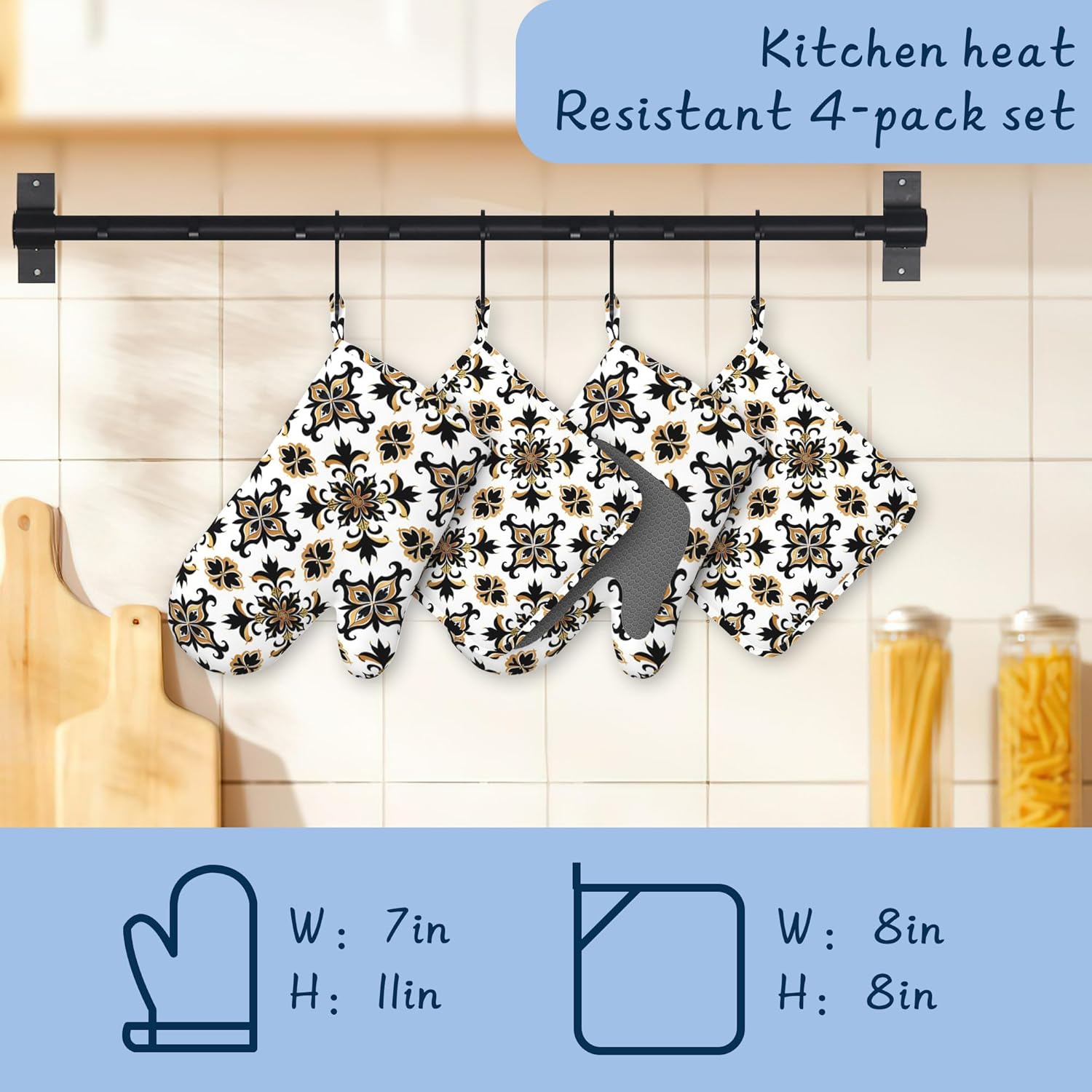 Heat Resistant Pot Holders and Oven Mitts,Retro Pattern Extra Long Kitchen Oven Mitt Set,Vintage Cotton Lining Anti-Slip Waterproof Kitchen Mittens Hot Pan Holder for Baking Cooking Grilling