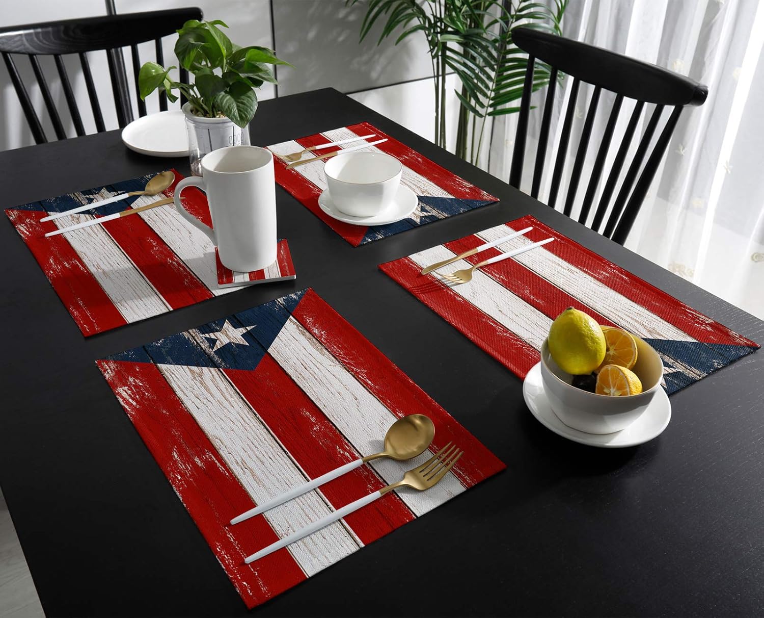 July 4th Placemats for Dining Table Puerto Rico Flag Independence Day Holiday Cotton and Linen Table Mats Star Red Stripes and Blue Patriot Retro Wood Resistant Heat Non-Slip Tablemats, Set of 4