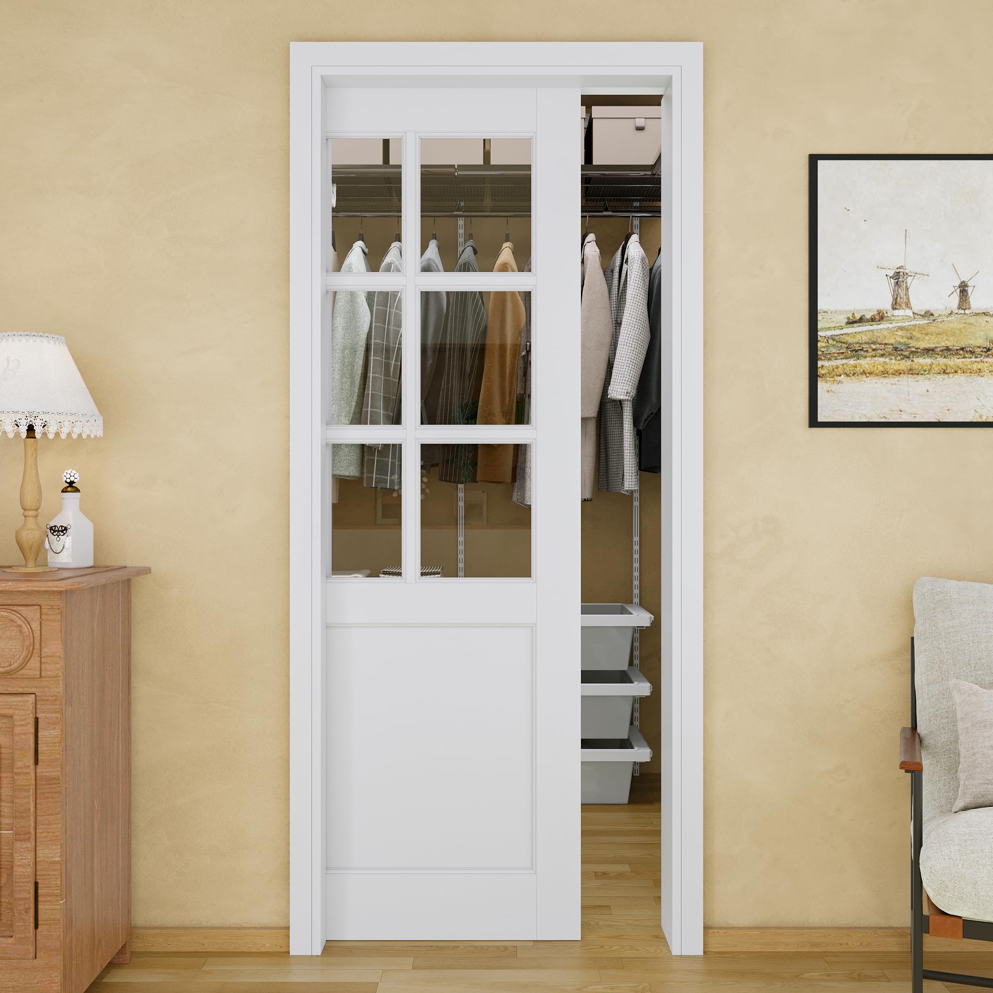 32x80 Sliding Pocket Door,6-Lite Clear Glass Doors,Pantry Door,Room Doors