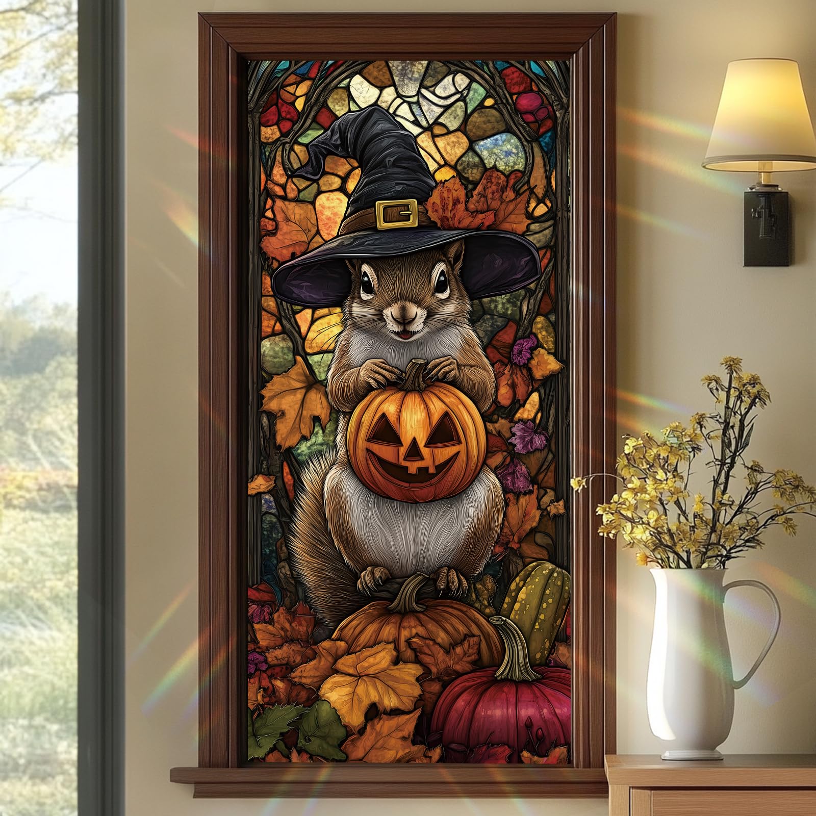 Film de fenêtre décoratif motif écureuil citrouille d'Halloween sans colle