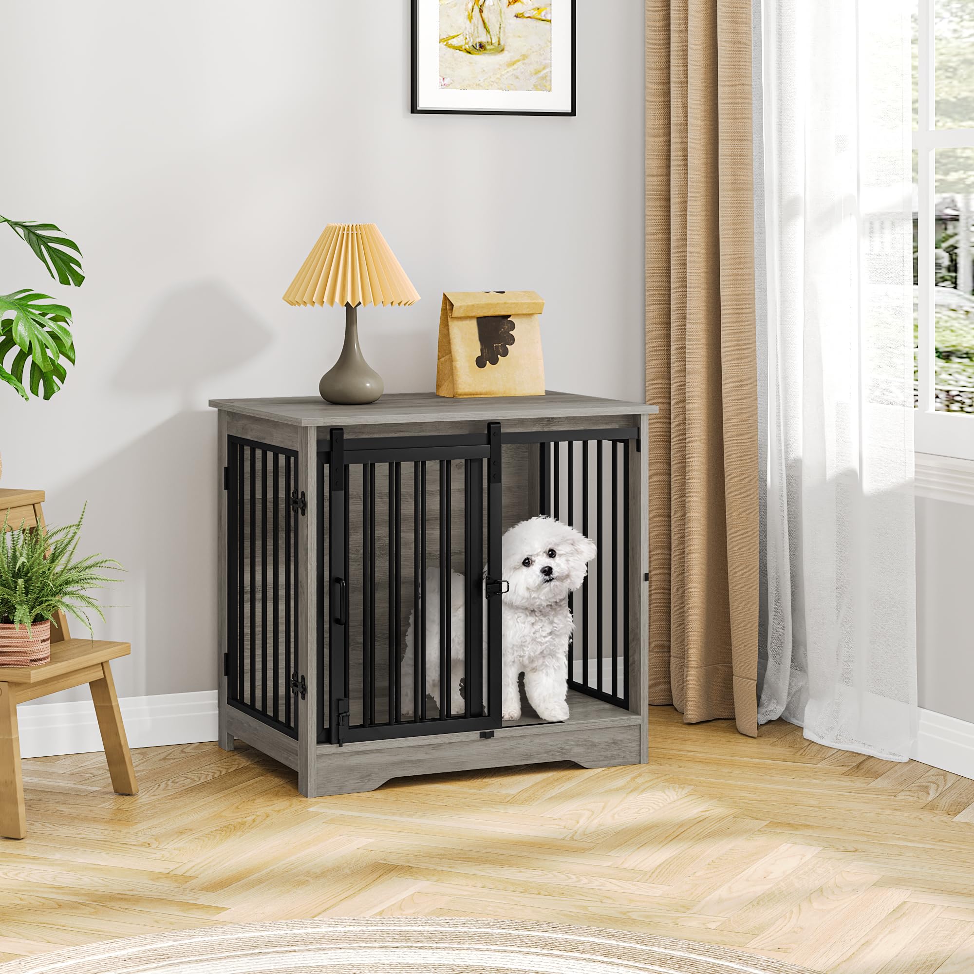 Hzuaneri 69 cm Cage pour Chiens, Table d’Appoint, Niche Moderne pour Chiens, Cage pour Chiots, Maisonnette pour Animaux, 2 Portes, 69 × 49 × 64,5 cm, Ivoire Clair DFC84305B