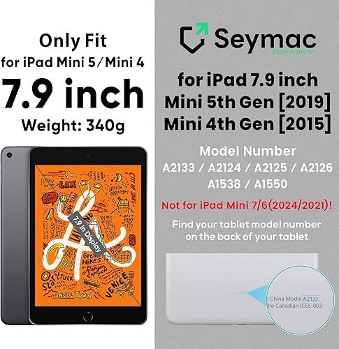 Miniatura 2 de SEYMAC Funda para iPad Mini 5Mini 4 de 7.9 pulgadas, resistente a prueba de golpes, con protector de pantalla, soporte giratorio, correa de