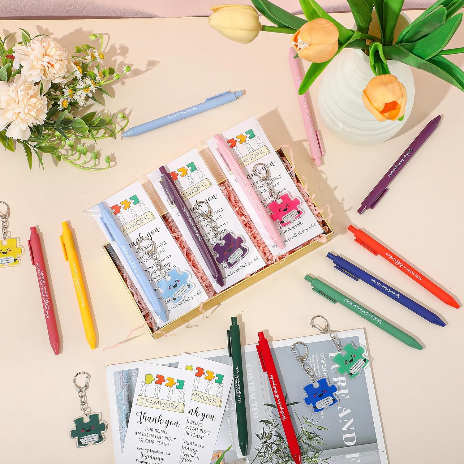 Dunzoom 50 Set Employee Appreciation Gifts Bulk for Teacher Nurse Nursing Assistant Volunteer Admin Staff Office Coworker Team Work Puzzle Piece Keychains & Thank You Pens (Sometimes You Forget)