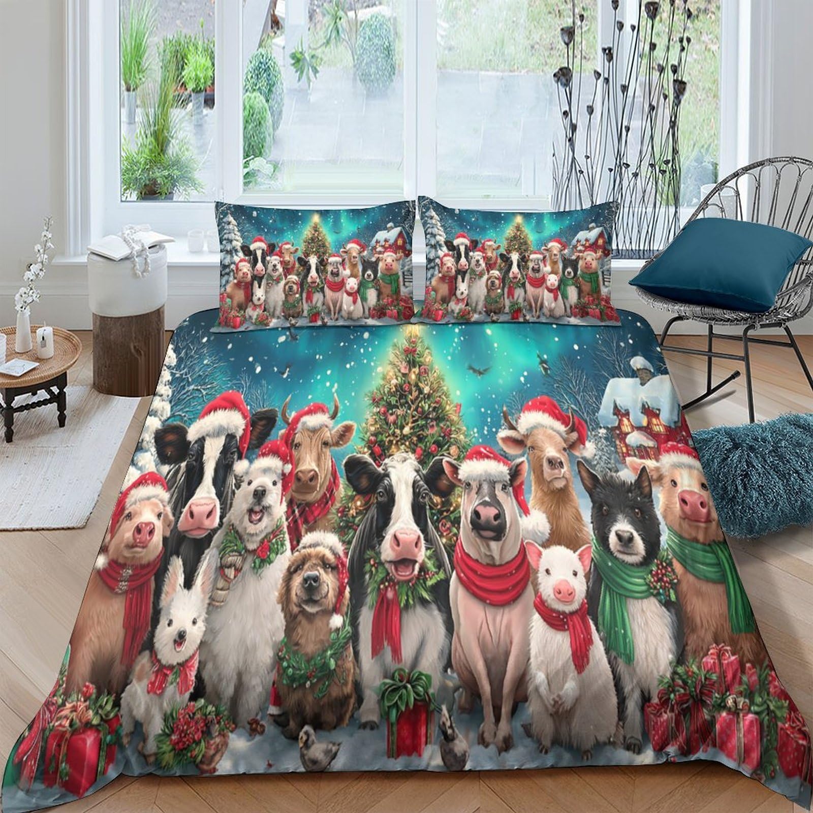 GPLZQXKJNH 3D Printed Christmas Dogs Duvet Cover Microfiber Soft Breathable Santa Claus Quilt Cover Set with 2 Pillowcases for Bedroom Decor Single（135x200cm）