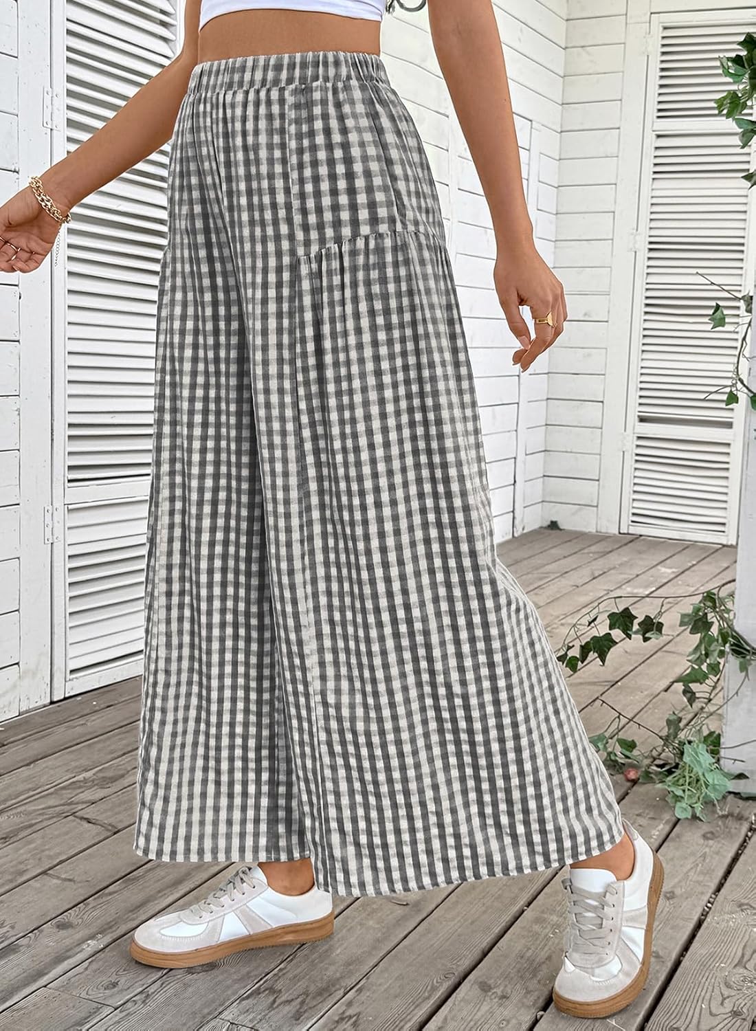 EVALESS Women's Wide Leg Palazzo Pants Casual Elastic High Waisted Cotton Gingham Plaid Culottes Trousers with Pockets - Image 2