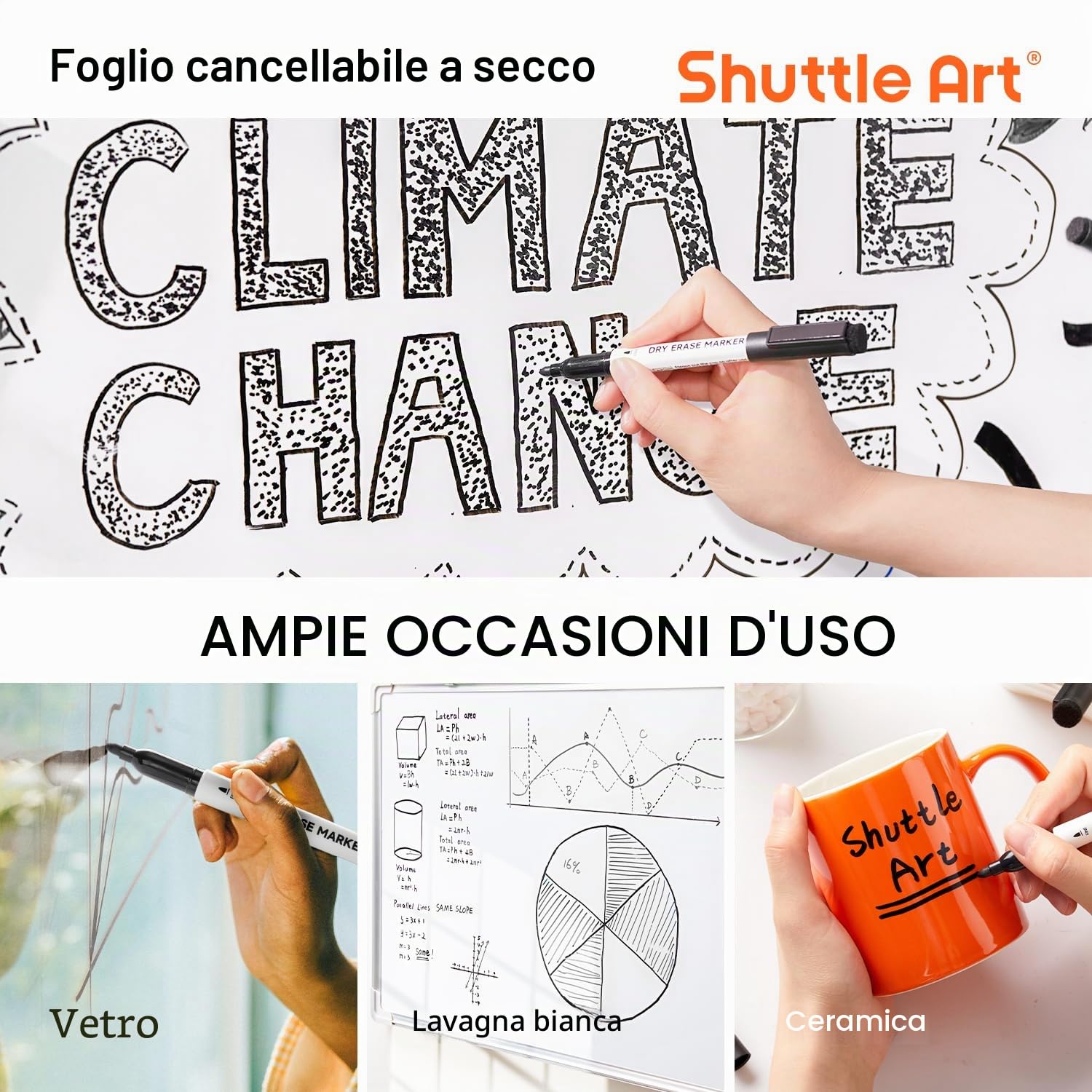 Shuttle Art Pennarelli Lavagna Bianca Cancellabili Punta Fine, 15 Neri, Pennarello Bianco Secco per Scritte Ufficio Casa