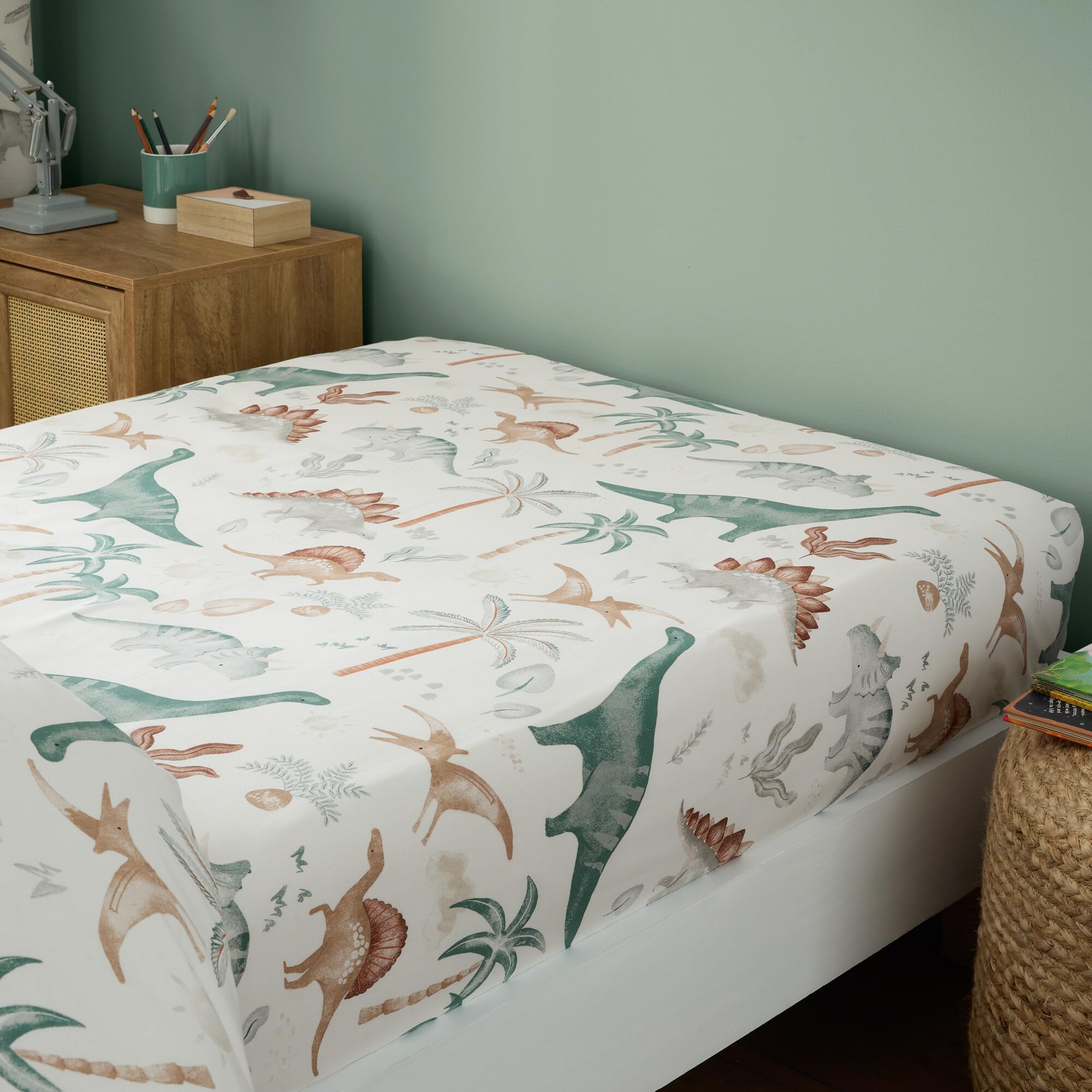 Happy Linen Company Girls Ivory Boys Kids Scandi Saurus Dinosaur Single Fitted Sheet Bedsheet Bedding Bed Linen