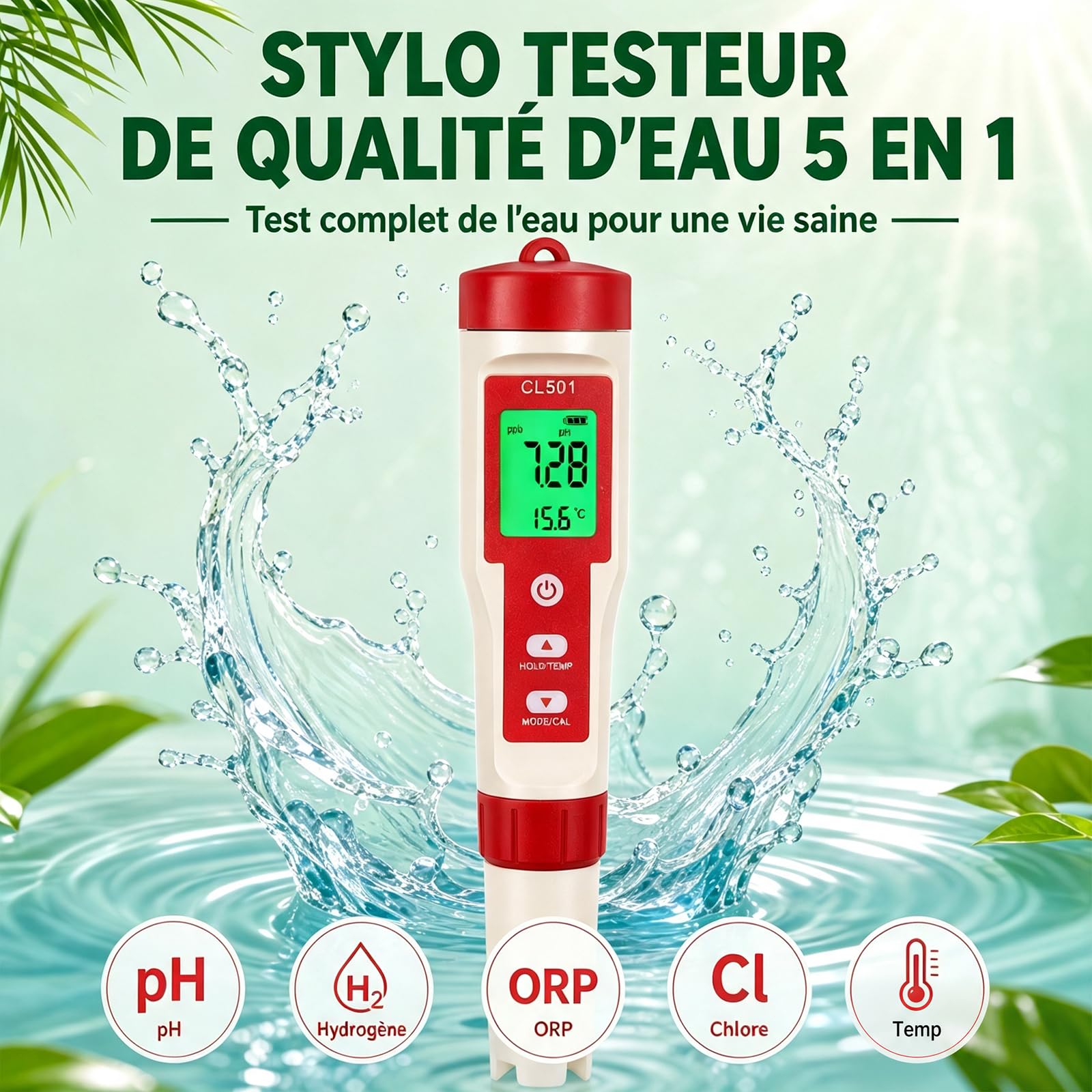 Testeur de pH et de chlore de piscine, testeur de pH numérique 5 en 1, pH chlore ORP H2 mesurable, testeur d'eau pour piscines, hydroponiques, aquariums, eau potable