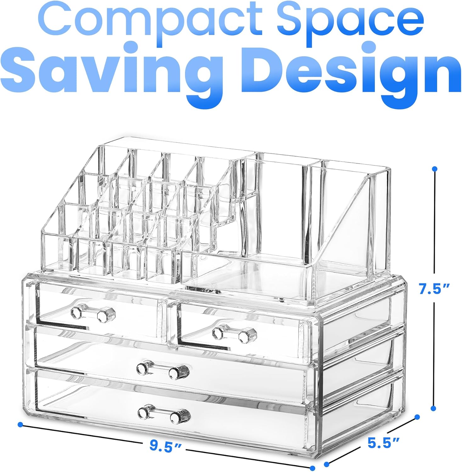 Masirs Clear Makeup Organizer - 16-Compartment Cosmetic and Jewelry Holder with 4 Drawers - Vanity Storage Box for Makeup, Skincare, Accessories, and Jewelry Display - Image 2