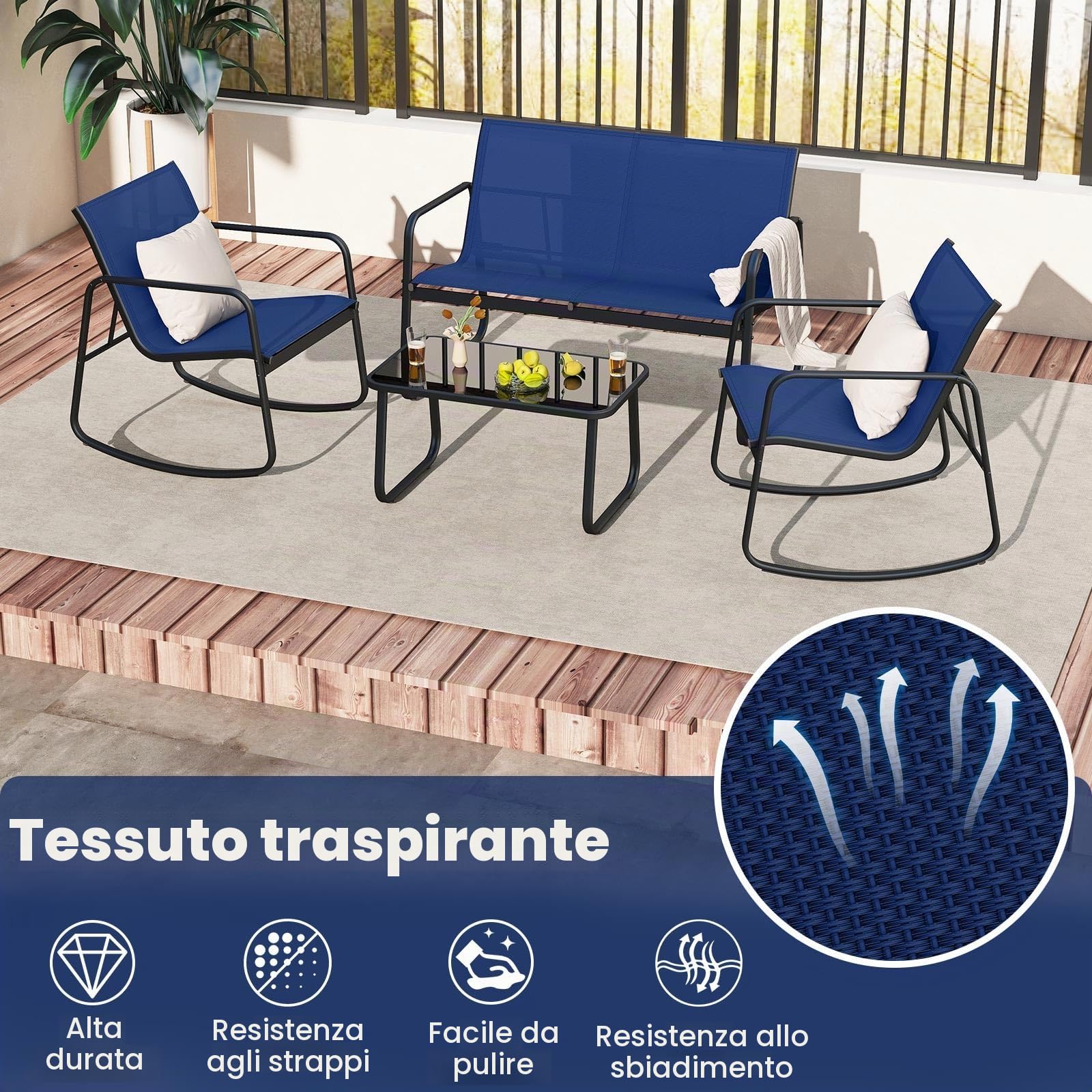 GIANTEX Set di 4 mobili da giardino con tavolino da salotto e panca da giardino e 2 sedie a dondolo, mobili da balcone in textilene con delicato movimento a dondolo (Blu)