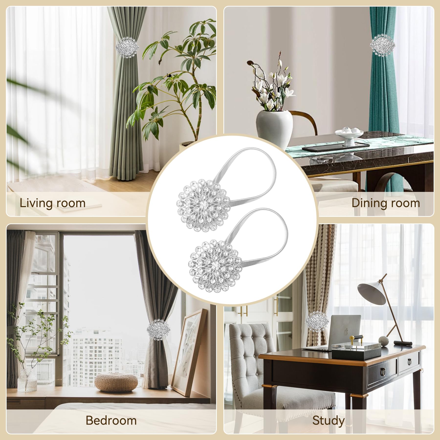 Lot de 2 embrasses de rideaux magnétiques en forme de fleur en cristal étincelant avec ressort hautement élastique, boucles magnétiques élégantes pour décoration de maison, bureau, chambre