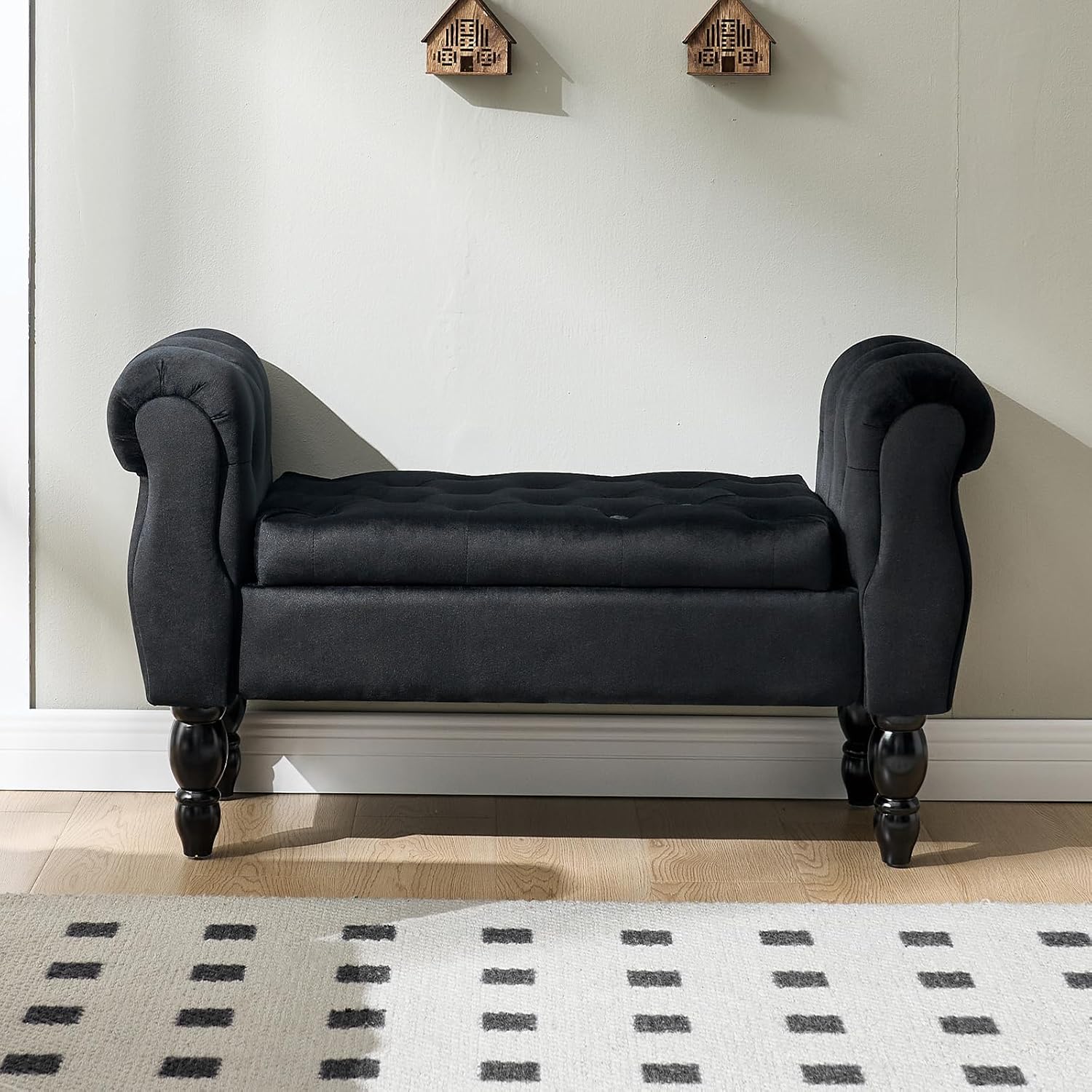 Storage Bench for End of Bed Bedroom, 39.7" Modern Ottoman Bench with Arms and Wood Legs, Upholstered Velvet Button Tufted Entryway Bench with Storage Window Bench for Living Room, Black