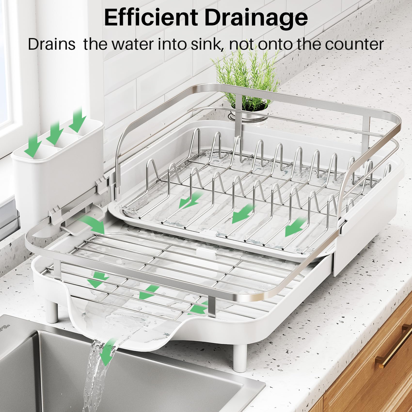 Escurridor de platos extensible para encimera de cocina, escurridor de platos de acero inoxidable con juego de escurridor y soporte para utensilios, escurridor de platos de secado de fregadero