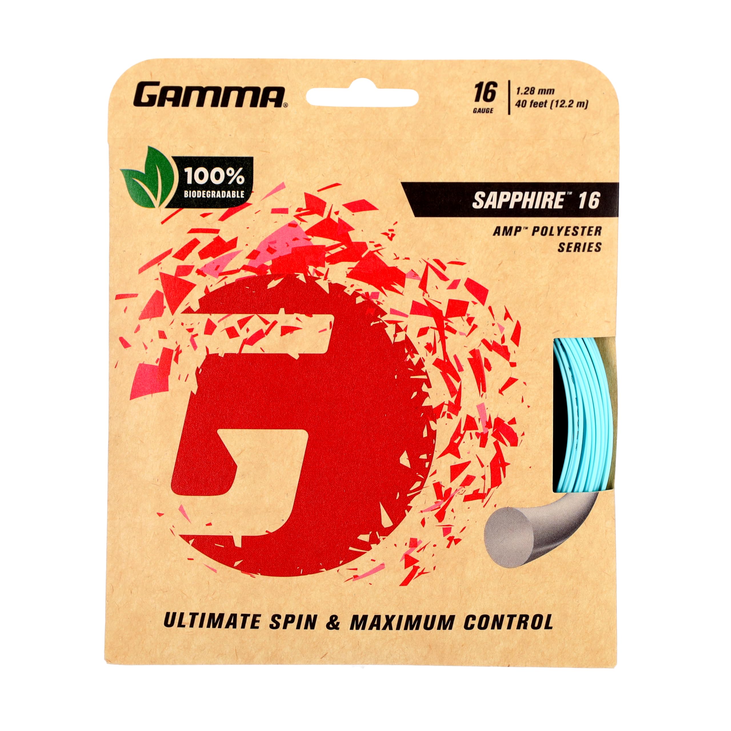 Gamma Sapphire Tennis String Reel, 40 Ft Earth-Friendly Tennis Racket Strings with AMP Copolyester Technology for Effortless Spin and Precision, 16 and 17 Gauge Options, 16 Gauge