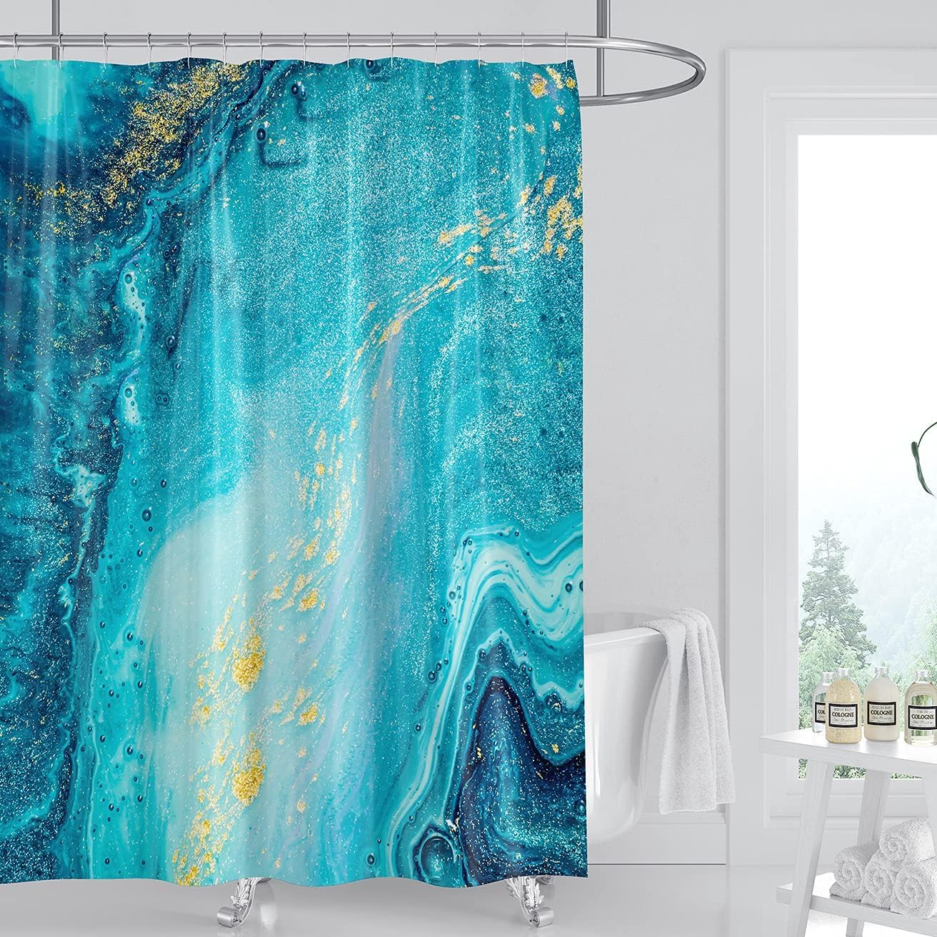 Domoku Marble Waterproof Shower Curtain with Hooks, Machine Washable Easy-Care Fabric Bathroom Curtain for Tub or Shower (Aquamarine, 72" W x84 L)