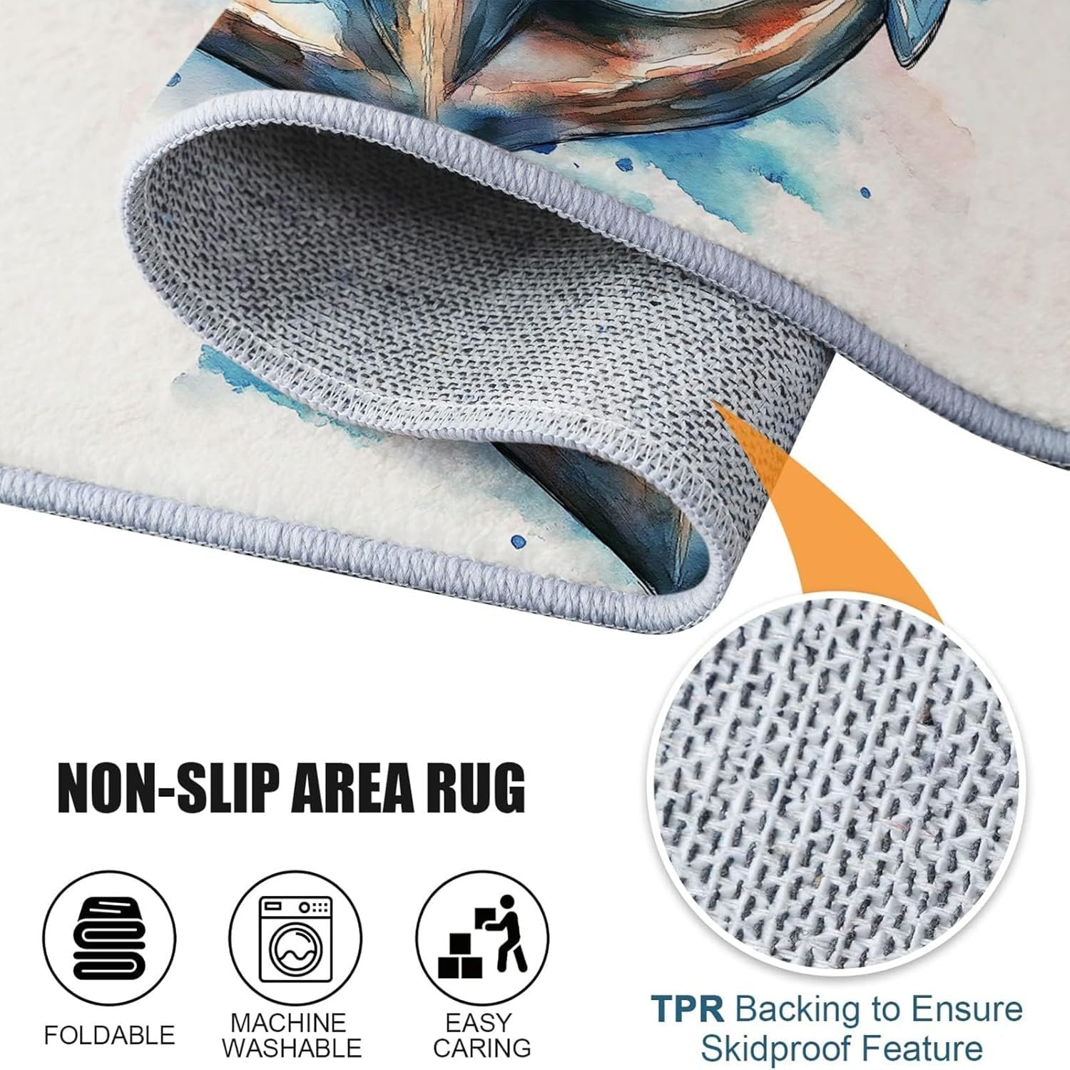 Area Rug 2x3 ft Washable Living Room Rug, Watercolor Coastal Theme Soft Indoor Non Slip Low Pile Large Area Rug, Carpet for Bedroom, Bedside, Kids Room, Office, Dining Room