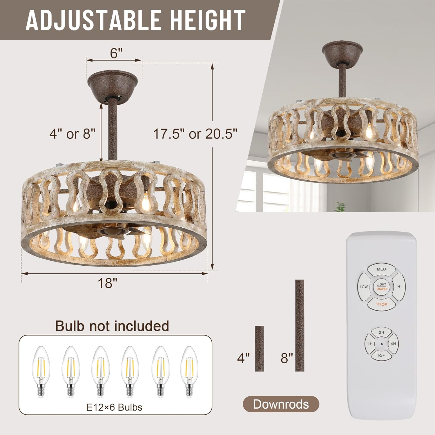 18" Caged Ceiling Fan with Light, Reversible Motor, 6 Speeds,Industrial Rustic Low Profile Ceiling Fan with Light and Remote,Woodgrain Fan Lights Ceiling Fixtures for Kitchen, Bedroom