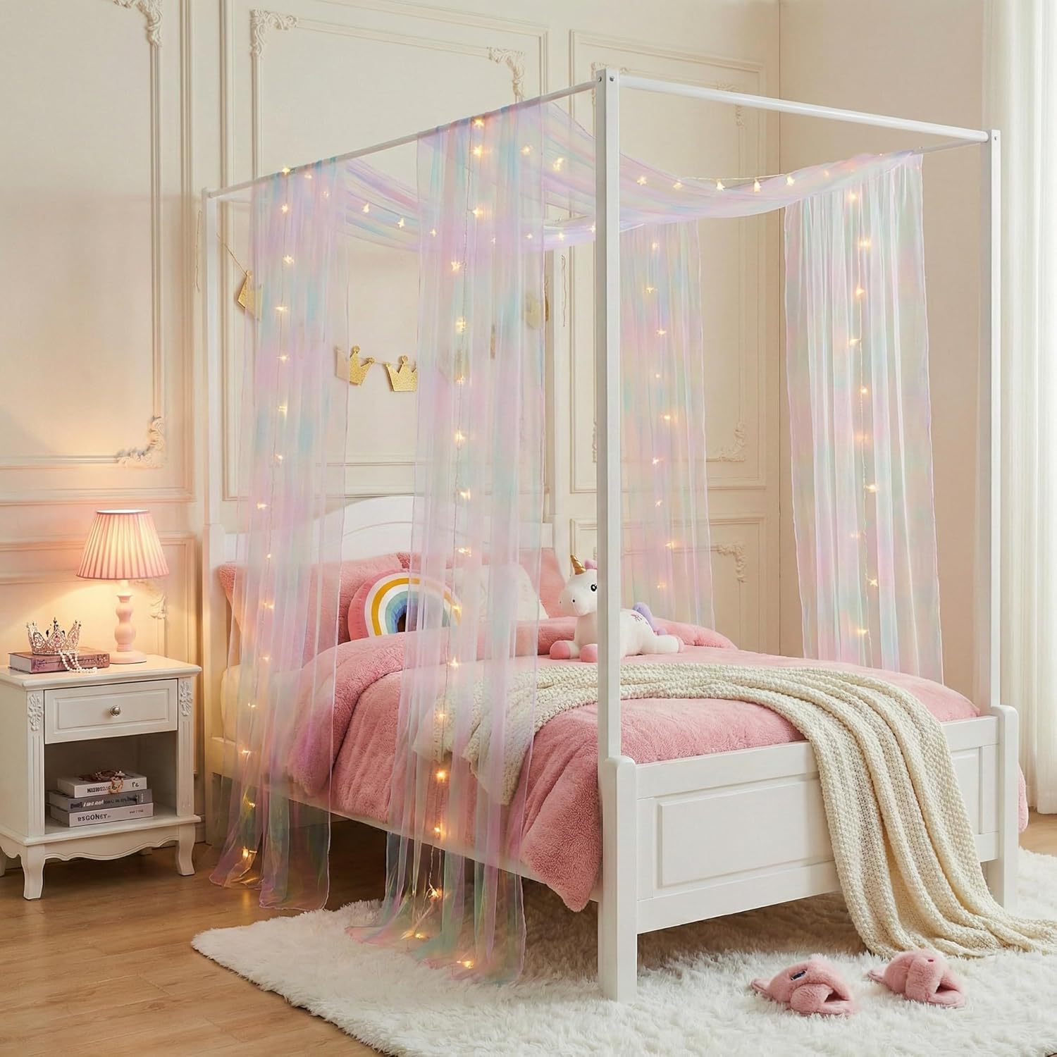 Rainbow Tie-Dye Twin Bed Canopy for Girls, Sheer Canopy Bed Curtains with Lights, Princess Canopy Scarf for Girls Bed Room Decor (2 Panel)