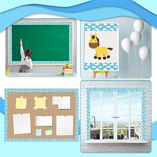 Miniatura 6 de Bordes de tablón de anuncios de 99 pies con diseño de nubes blancas y cielo azul, borde festoneado para pizarra blanca, decoración de bordes de aula