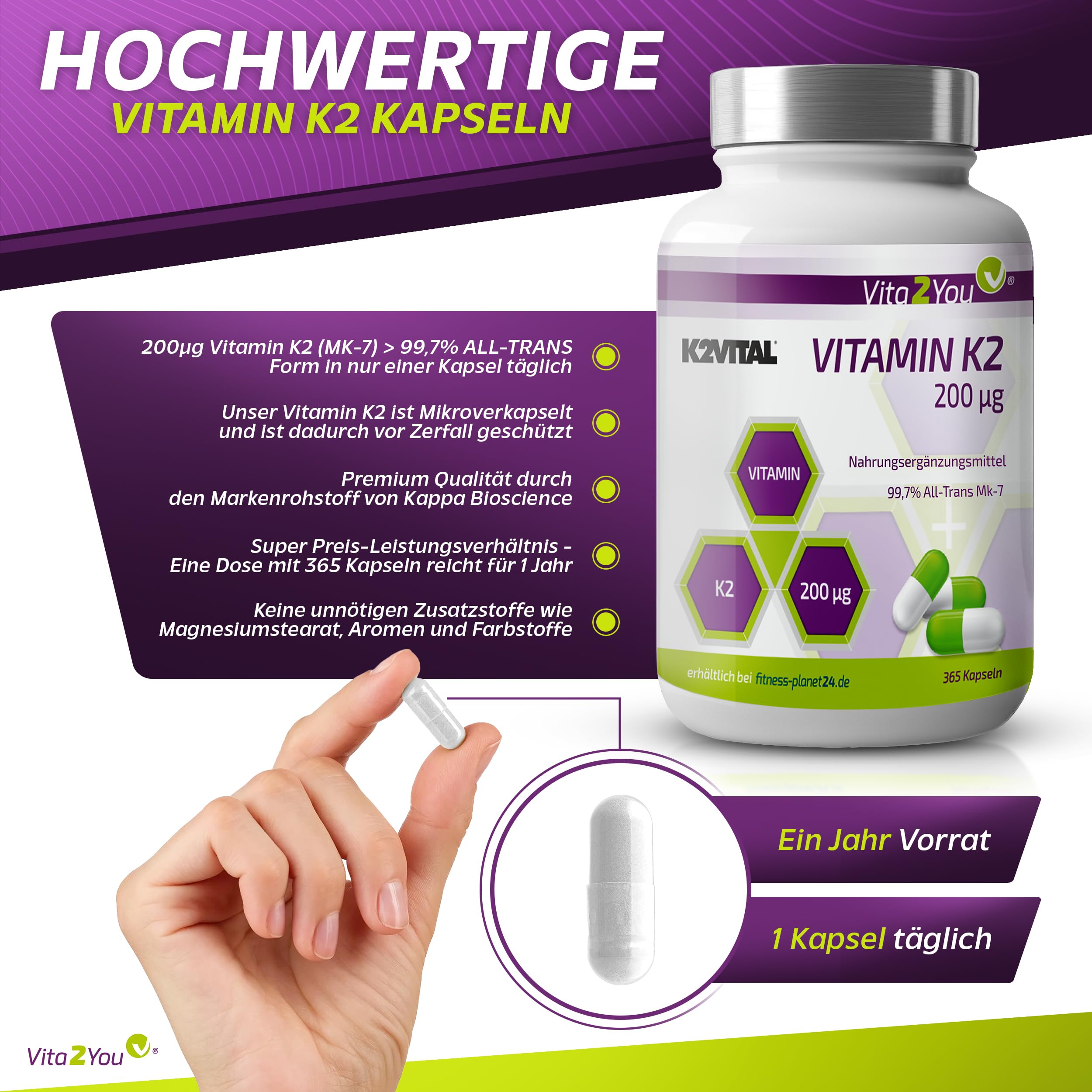 Vita2You Vitamin K2-200µg - 365 Kapseln - Original K2VITAL® - > 99,7% All-Trans - Jahrespackung - Natürliches Menaquinon MK-7 - Premium Qualität - Made in Germany