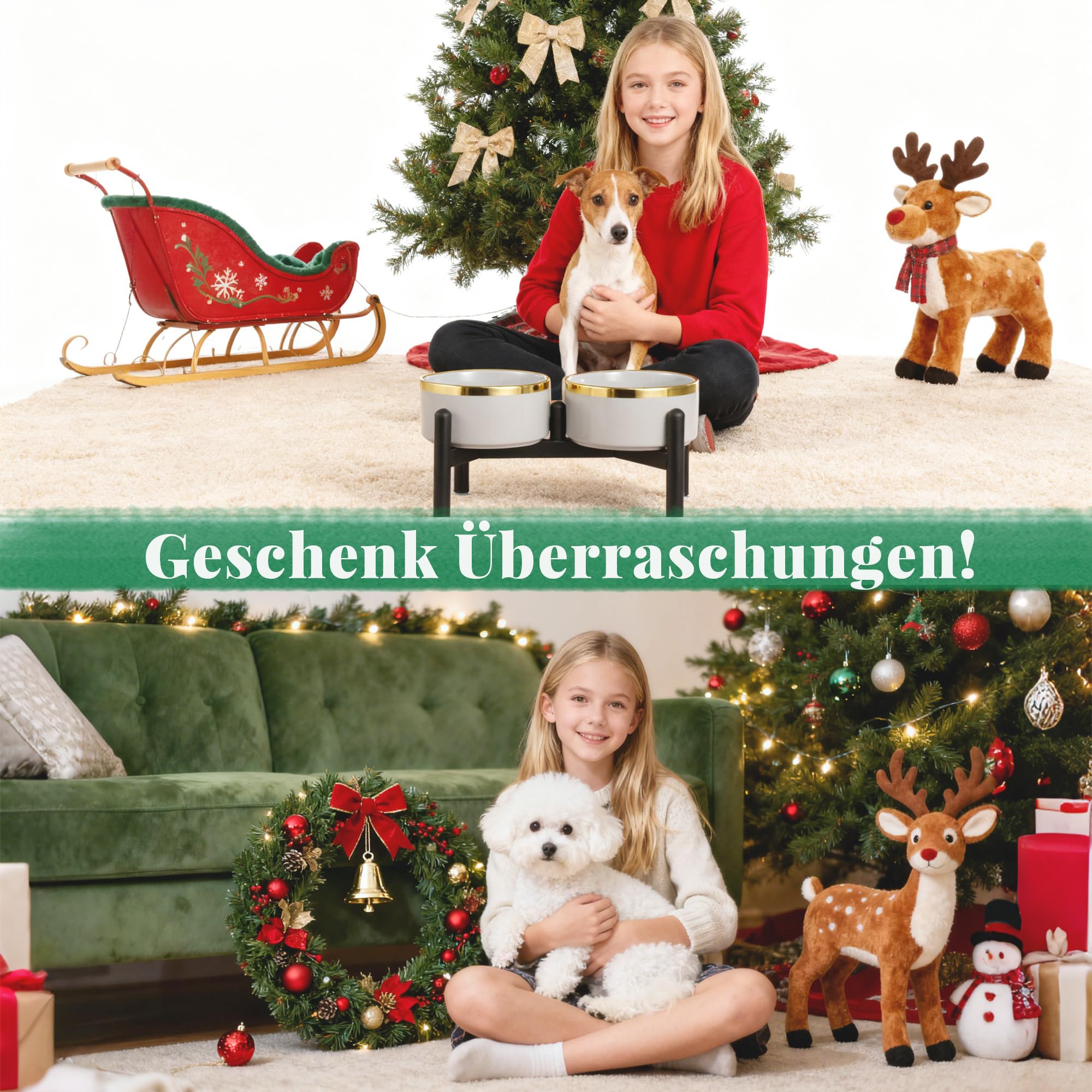 Keramik Hundenapf Erhöht mit Edelstahl-Ständer - Doppelnapf Futterstation für Kleine und Mittelgroße Hunde - rutschfest Hund Napf Set für Futter und Wasser - 350g / 660ml - 15cm - Gruen