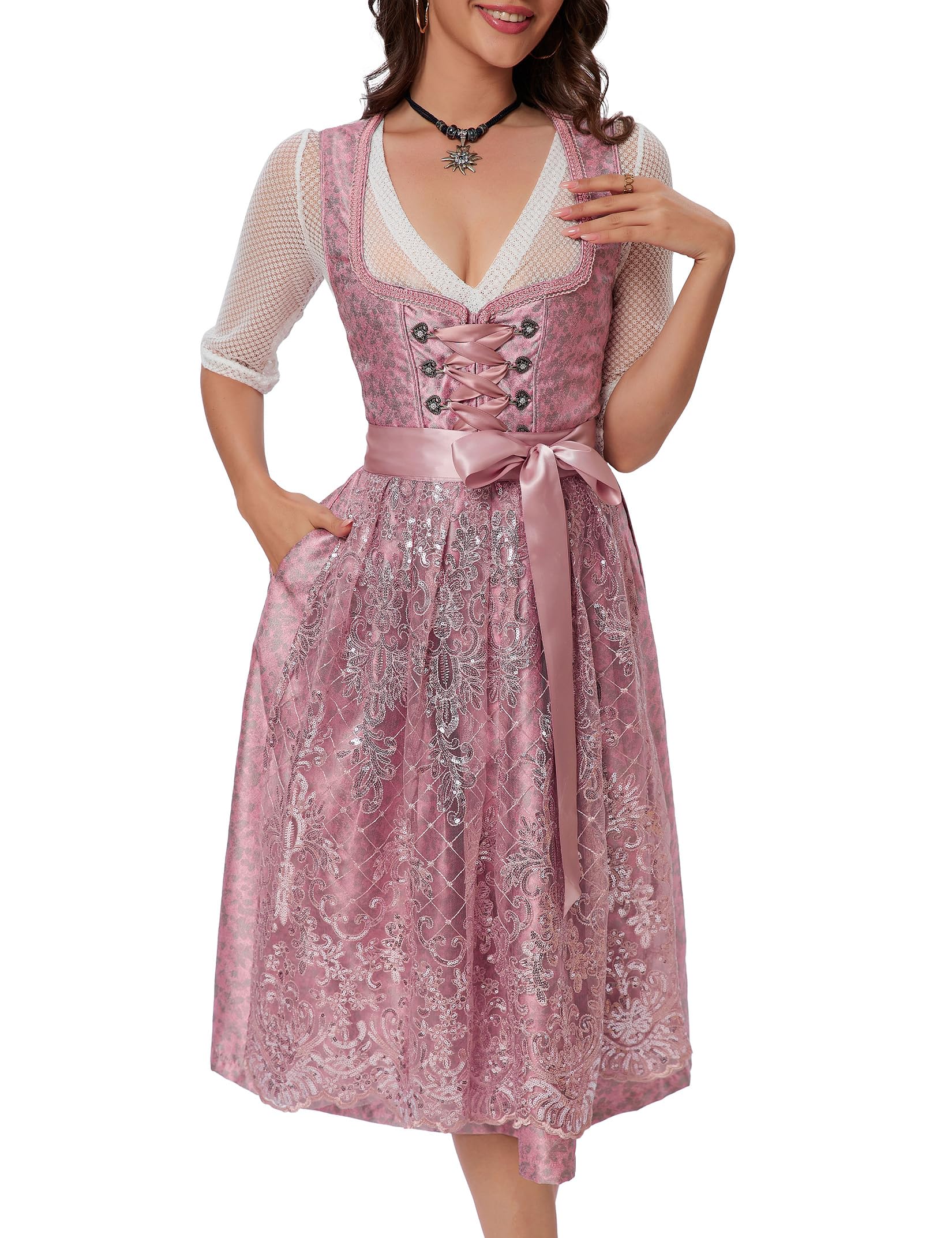 YesFashion Dirndl Damen Midi Dirndl für Damen Trachtenkleid 3Tlg. Trachtenmode Kleid für Oktoberfest Rosa