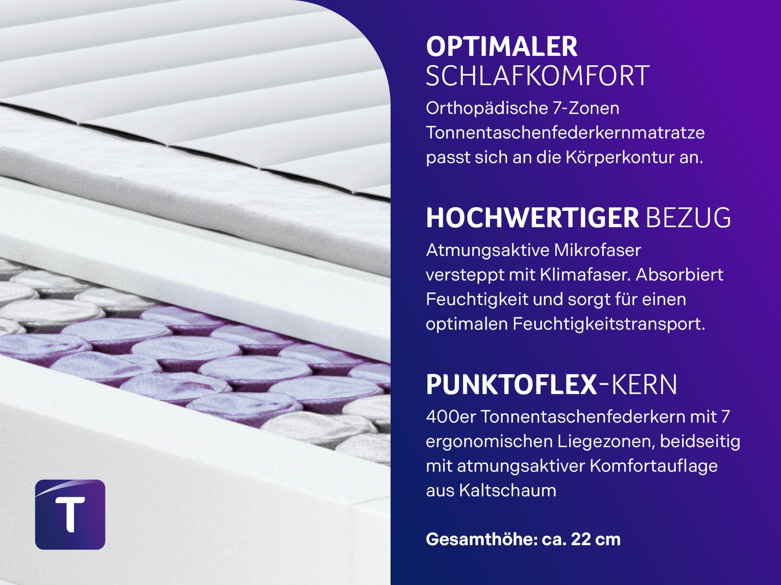 Traumnacht Basic XXL Tonnentaschenfederkernmatratze 90x200 cm | H3 mittelfest | 22 cm Höhe | 7-Zonen ergonomisch & atmungsaktiv | Öko-Tex zertifiziert | deutscher Qualitätsstandard