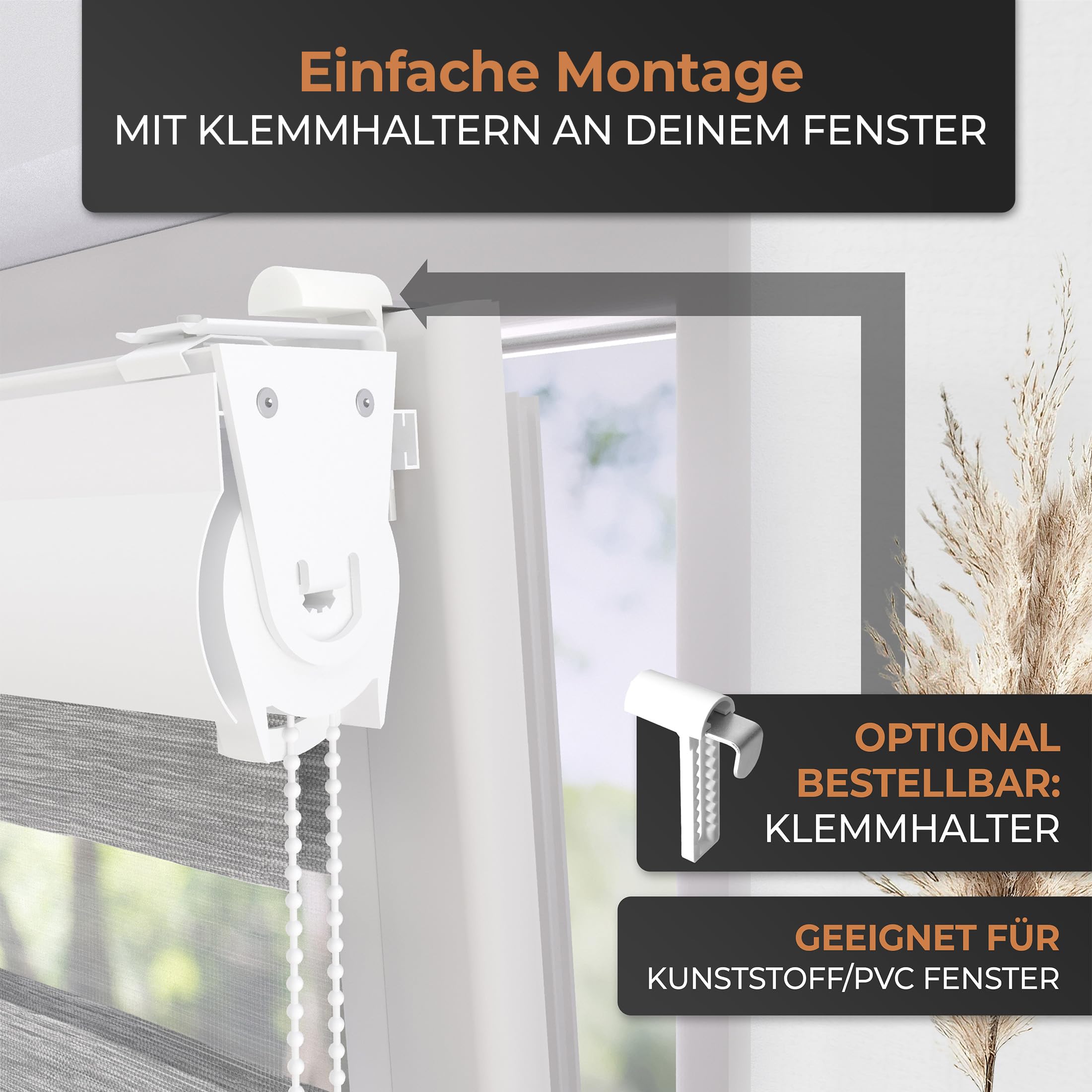 EFIXS Doppelrollo mit Kassette Montage Wand/Decke mit Bohren Breiten: 40-220, Höhe: bis 240 Hier: BxH (80 x 175) cm (Grau Struktur) Premium Duorollo, oder ohne Bohren mit Klemmhalter am PVC-Fenster
