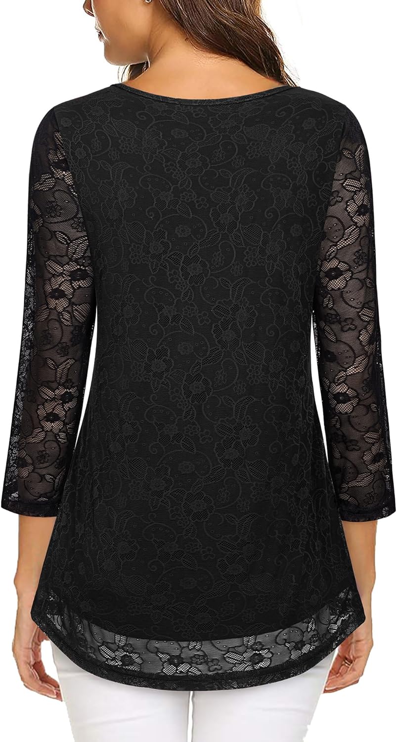 VALOLIA Women's 3/4 Sleeve Tunic Tops Casual Loose Fit Floral Blouses Mesh Pleated Layered Shirt - Image 2