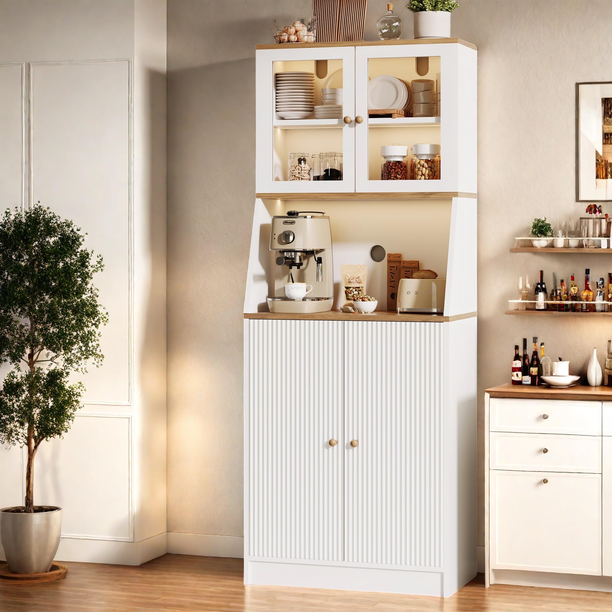 Küchenschrank 180cm mit 4 Türen und 5 Ebenen, Küchenbuffet mit Glastüren, Küchenschrank mit LED, Aufbewahrung mit Arbeitsplatte, Freistehender Küchenschränke Sideboard (Weiß)