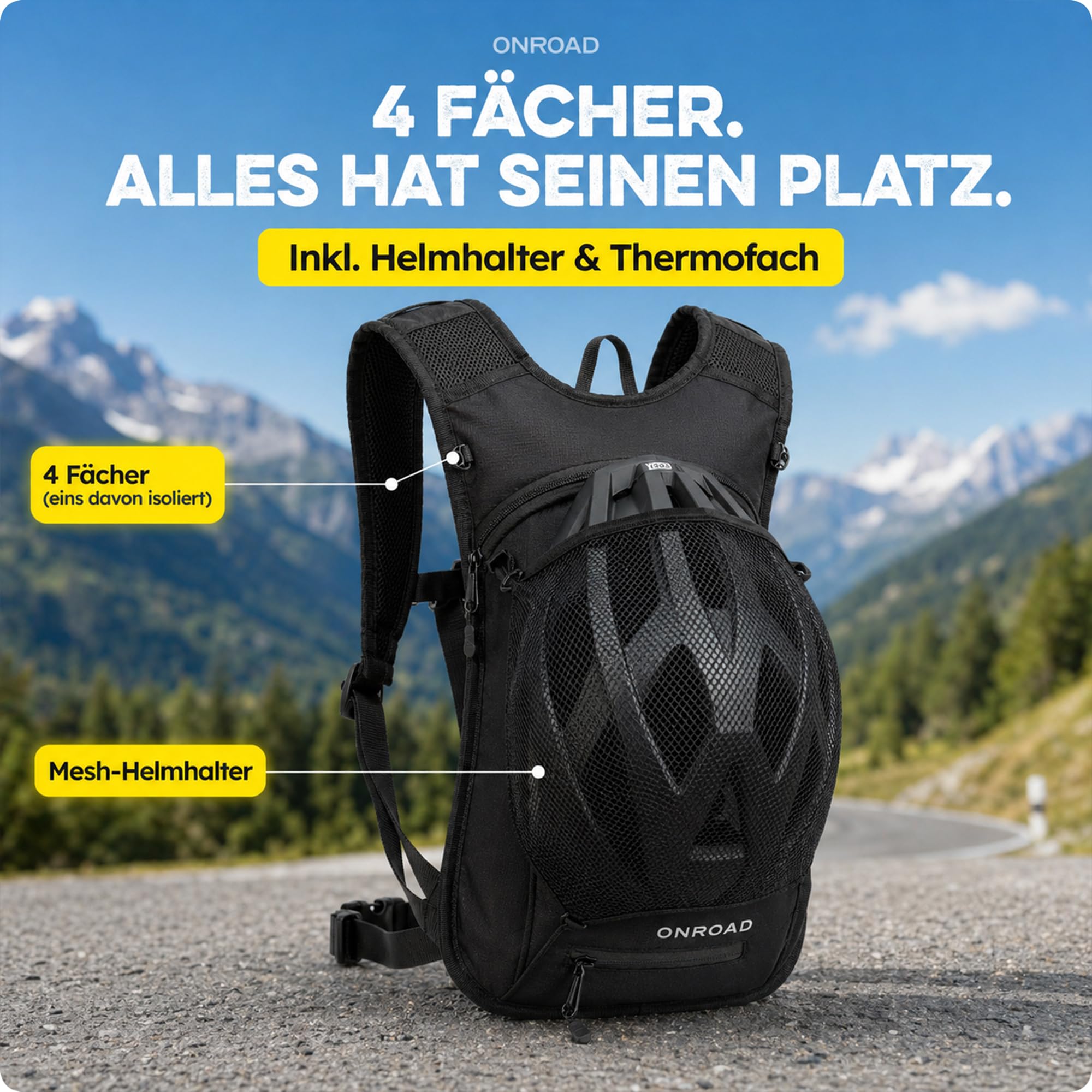 Fahrradrucksack 6L Herren & Damen ONPACK – Ultraleicht 350g – Kleiner Rucksack mit Thermofach & Helmnetz – Kleiner Fahrrad Rucksack für Männer & Damen inkl. Regenschutz, MTB Rucksack