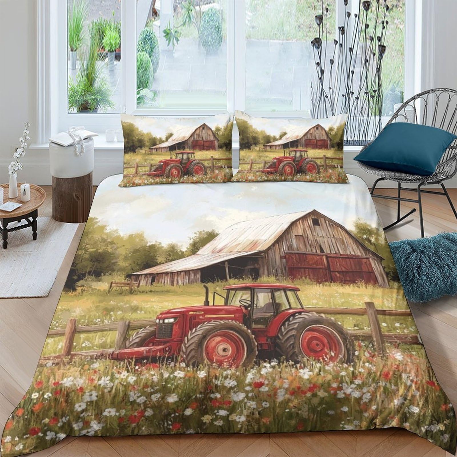 Ctjqhvkz Style-2 3D Printed Farm Tractor Barn Fitted Sheet Microfiber Soft Breathable Countryside Field Bed Cover For Bedroom Decor Single（135X200cm）