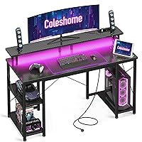 Coleshome Scrivania Gaming con LED, 120x50cm Scrivania Computer con 2 Prese e 2 Porte USB