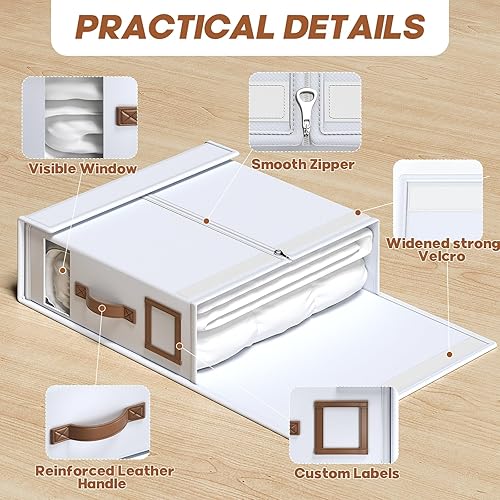 Miniatura 4 de Paquete de 6 organizadores de sábanas y almacenamiento (tamaño Cal King) con asas de cuero, organizador plegable de lino con ventana transparente,