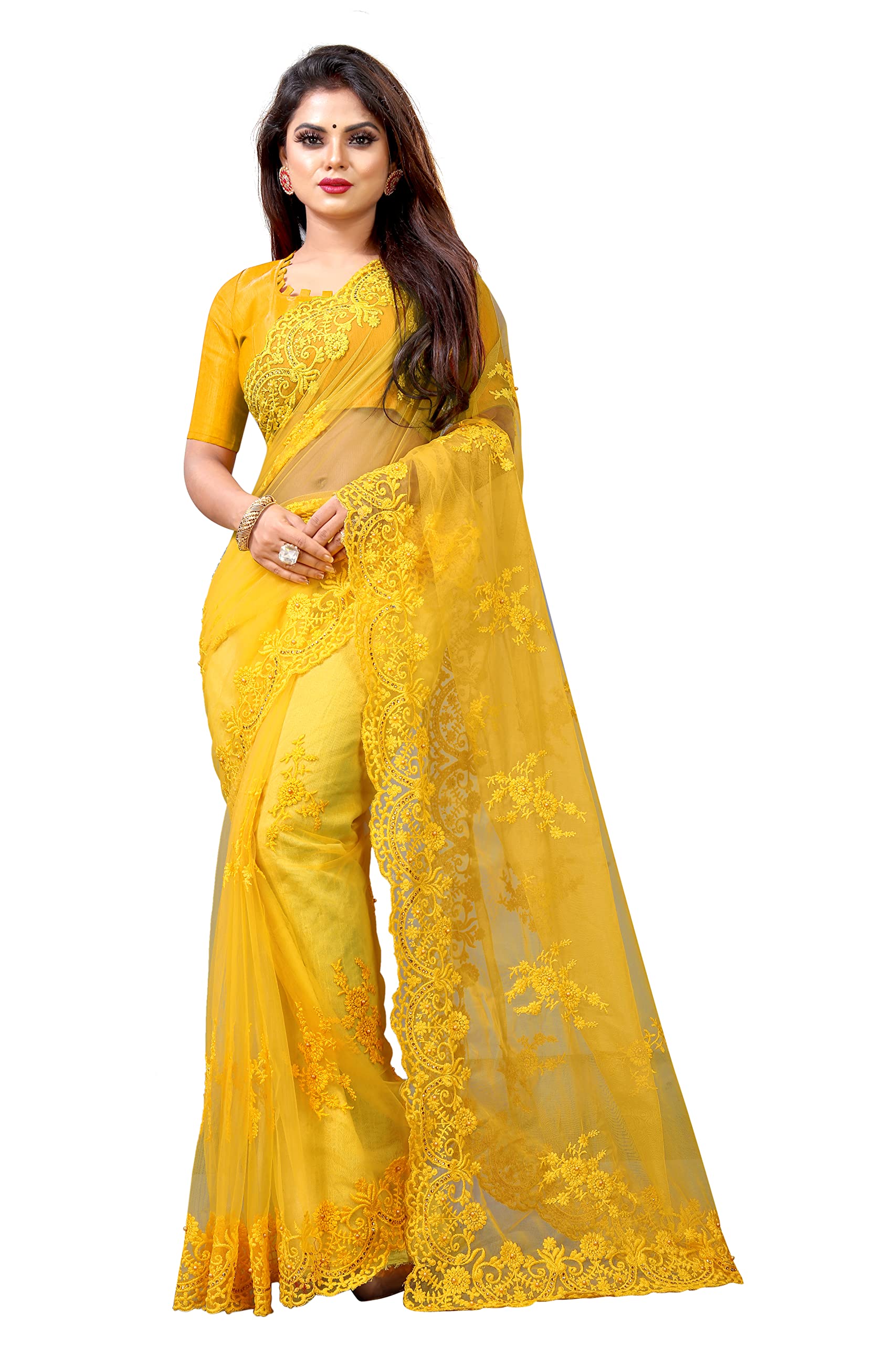 BARKIYA CREATION Women's Embroidered Work Net Fabric Saree With Unstitch Blouse Piece