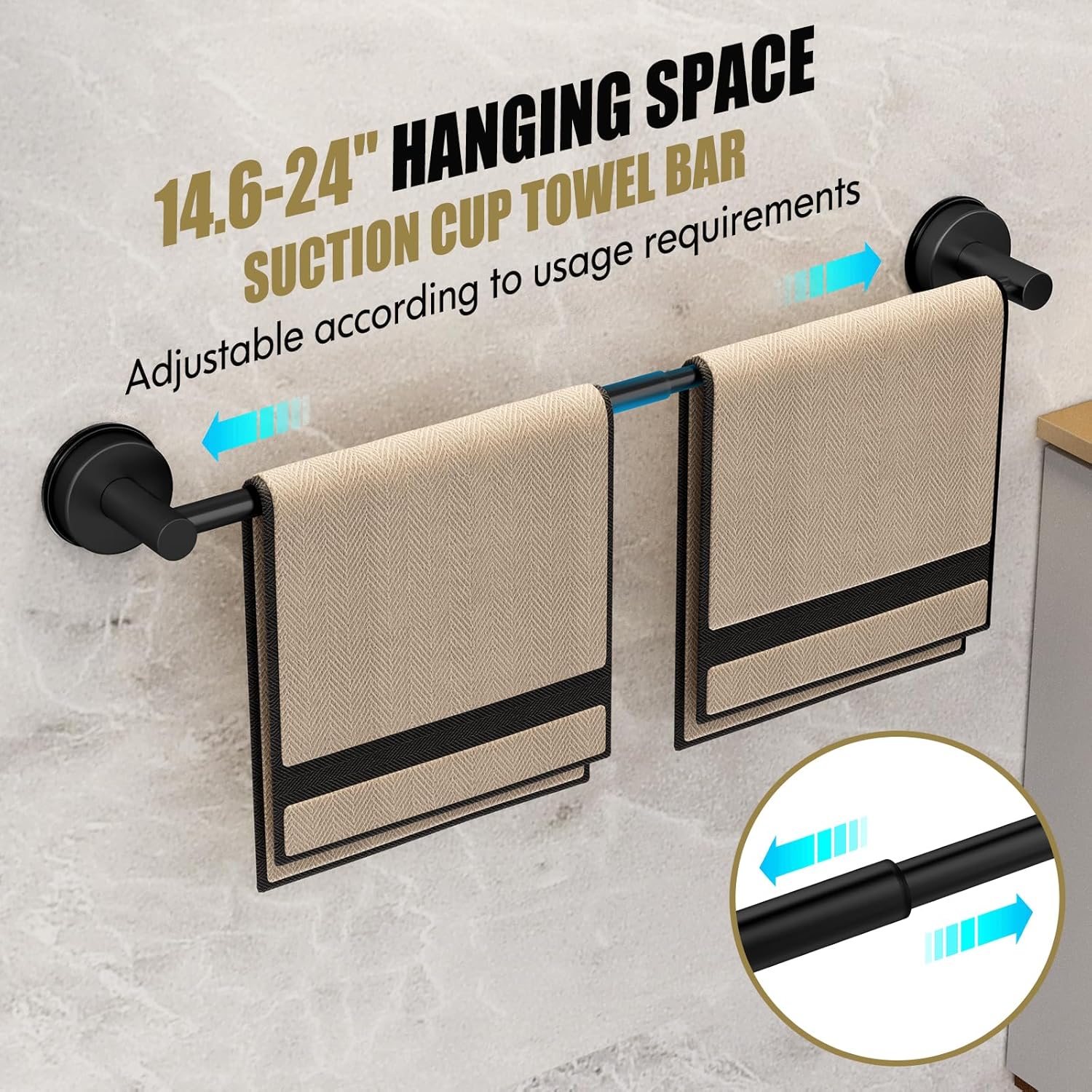 Matte Black Suction Cup Bathroom Accessories Set,Towel Racks for Bathroom,5 Piece Bathroom Hardware Set Restroom Accessories,Includes 24 inch Towel Bar,Towel Ring,Toilet Paper holder,Suction Cup Hooks