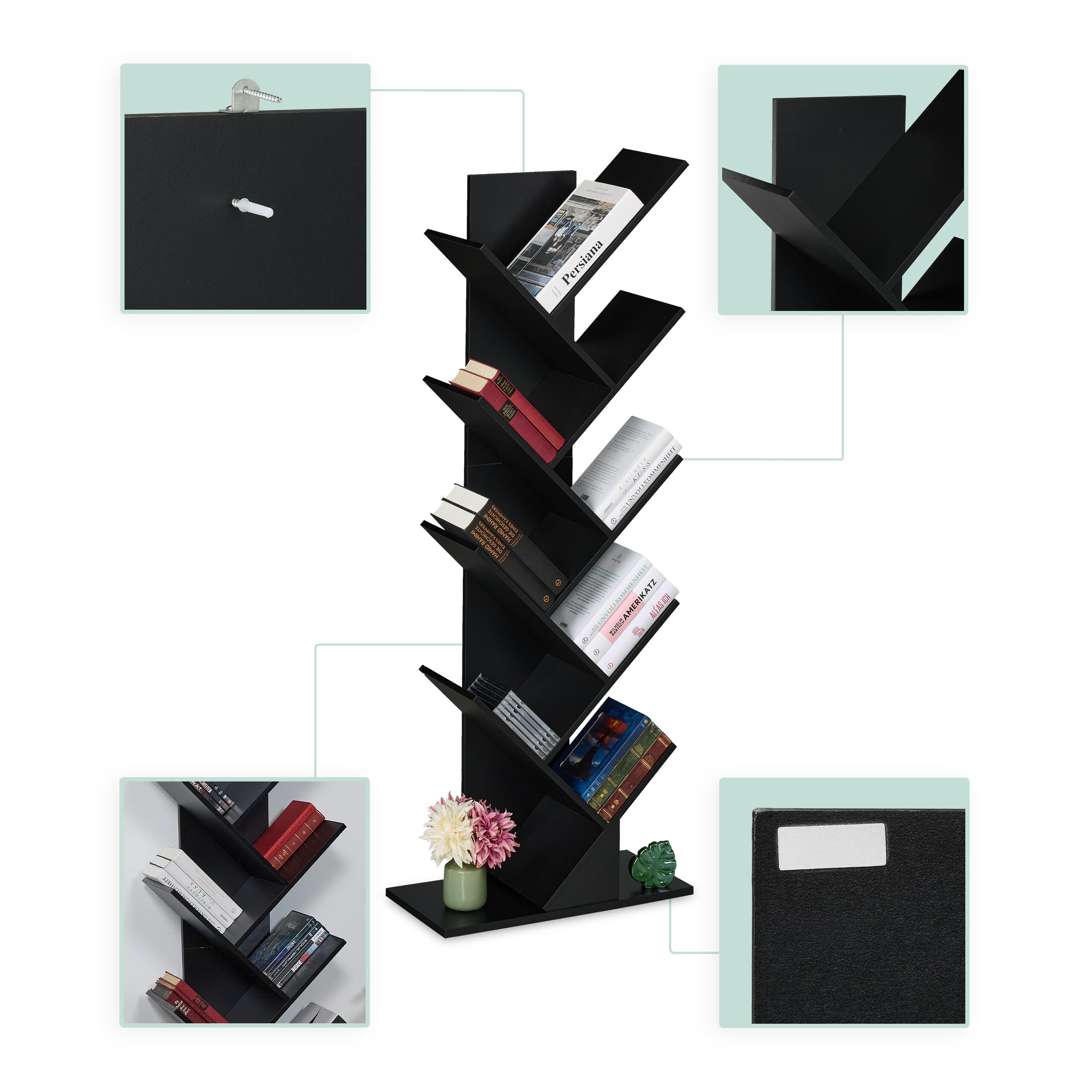 Relaxdays Scaffale Libreria, Mobile Stretto da Terra con 9 Ripiani ad Albero per Libri, CD, HLP: 146x38x22 cm, Nero