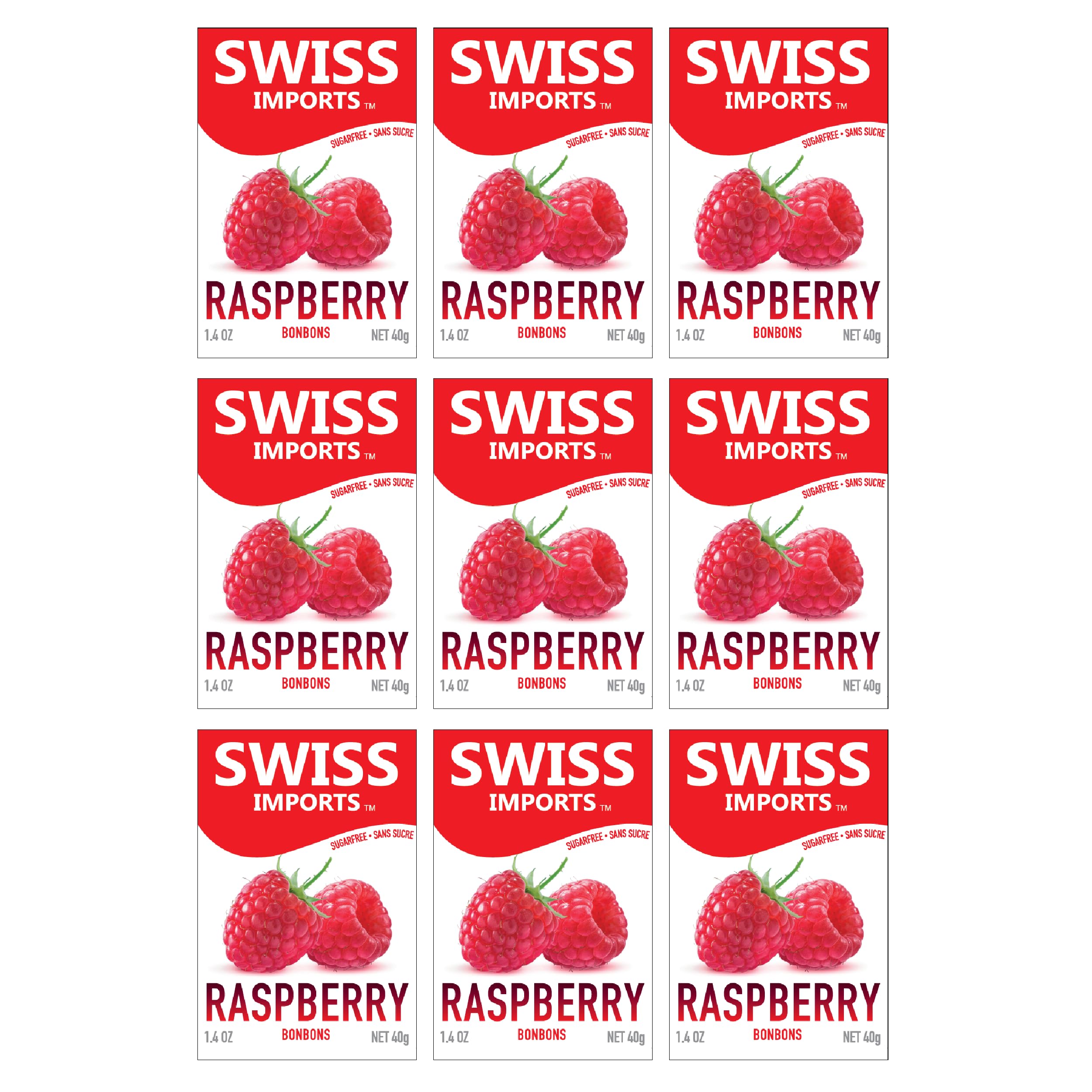 Swiss Imports Sugar Free Bonbons Hard Candy Drops, Raspberry, 1.4 oz/ 40g Box, 9 Pack