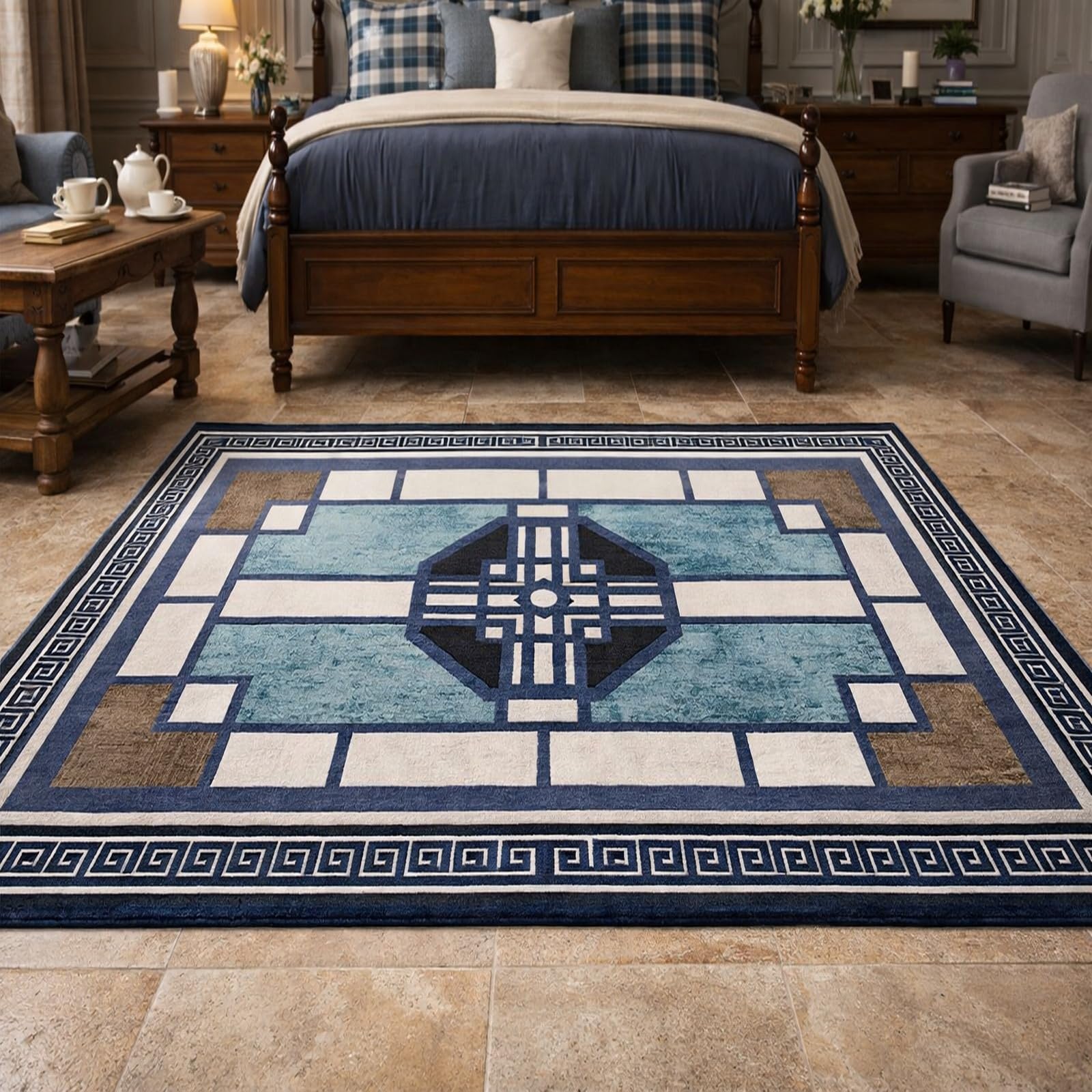 Tapis salle a manger bleu et blanc pour protéger un sol de cuisine
