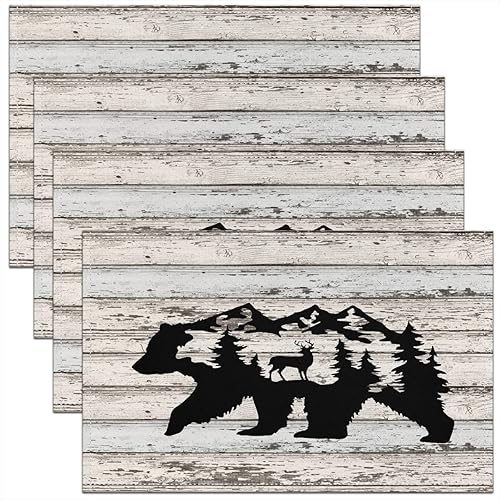 jejeloiu Juego de 4 manteles individuales con diseño rústico de oso salvaje del oeste, manteles individuales de rayas de madera para cocina,