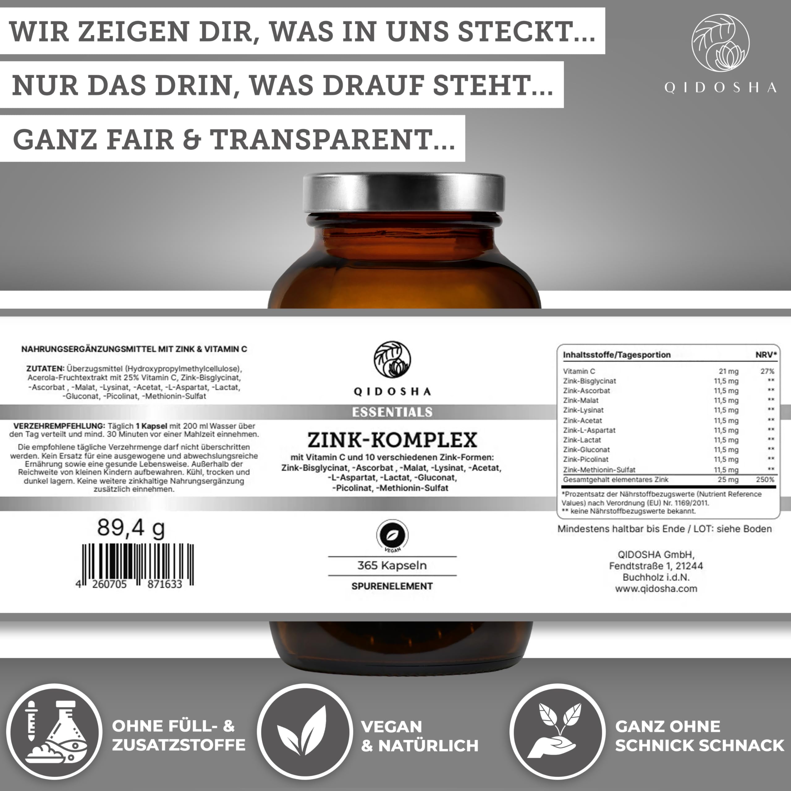 QIDOSHA® Zink Komplex, 365 Kapseln, 25 mg Zink aus 10 verschiedenen Zn-Formen plus Vitamin C, vegan, deutsche Fertigung, jede Charge laborgeprueft
