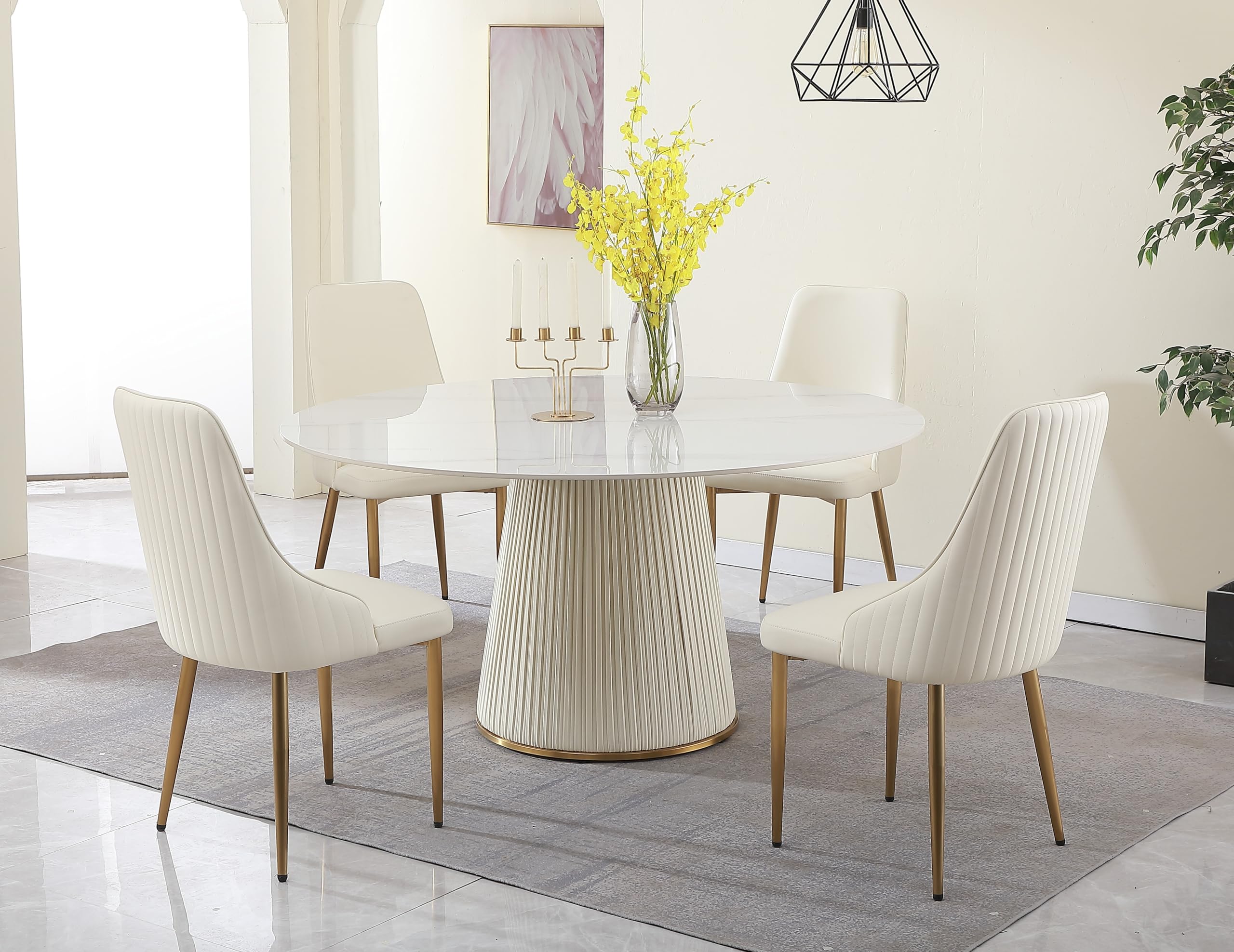 Montary 5 Piece Dining Table Set, Modern Dining Room Table Set of 4-6, White 53" D Faux Marble Dining Table, Sintered Stone Round Table with 4 Dining Chairs, for Dining Room Kitchen