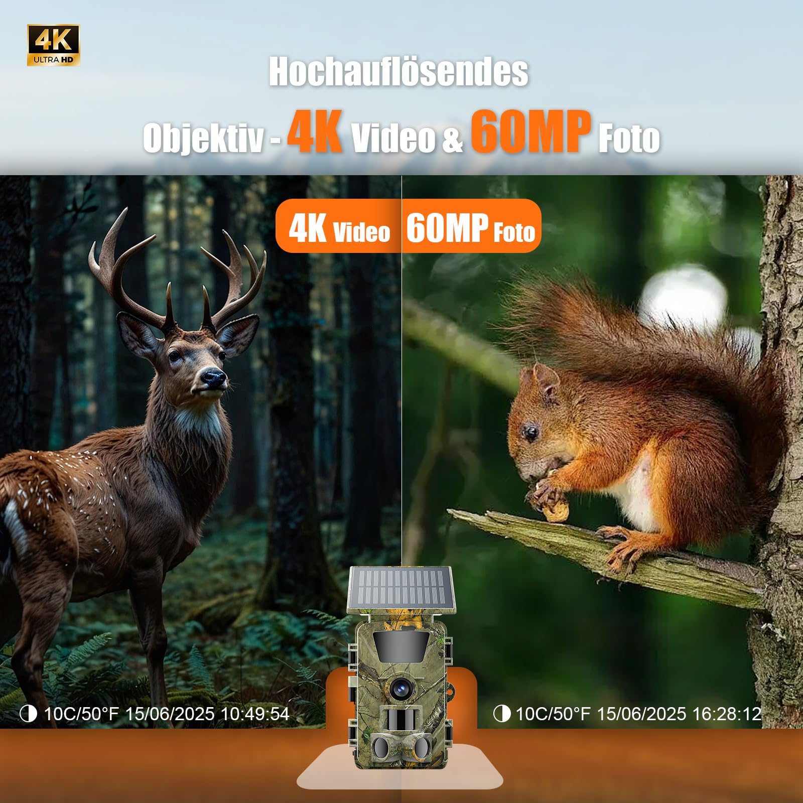 Wildkamera WLAN mit Handyübertragung App,4K 60MP Wildkamera Solar mit Nachtsicht Bewegungsmelder, Wildtierkamera mit 850nm Infrarot-LED,0,1s Auslöser,64GB SD-Karte, IP66 Wasserdicht