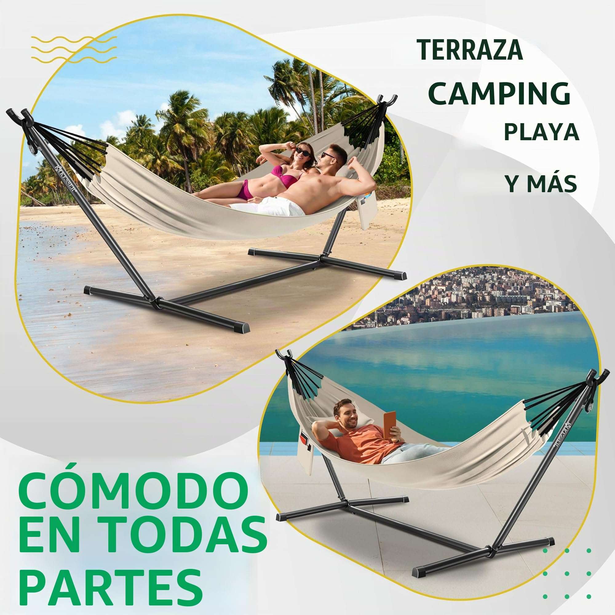 KESSER® Hamaca Lake con Estructura Doble para 2 Personas - Resistente Marco 200kg Capacidad Interior y Exterior XXL Columpio Doble Multijugador Jardín Piscina Balcón Terraza, Beige
