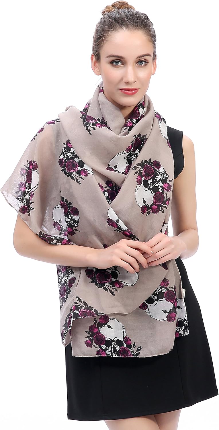 Lina & Lily Skulls and Roses Print Women's Large Scarf Lightweight - Image 3