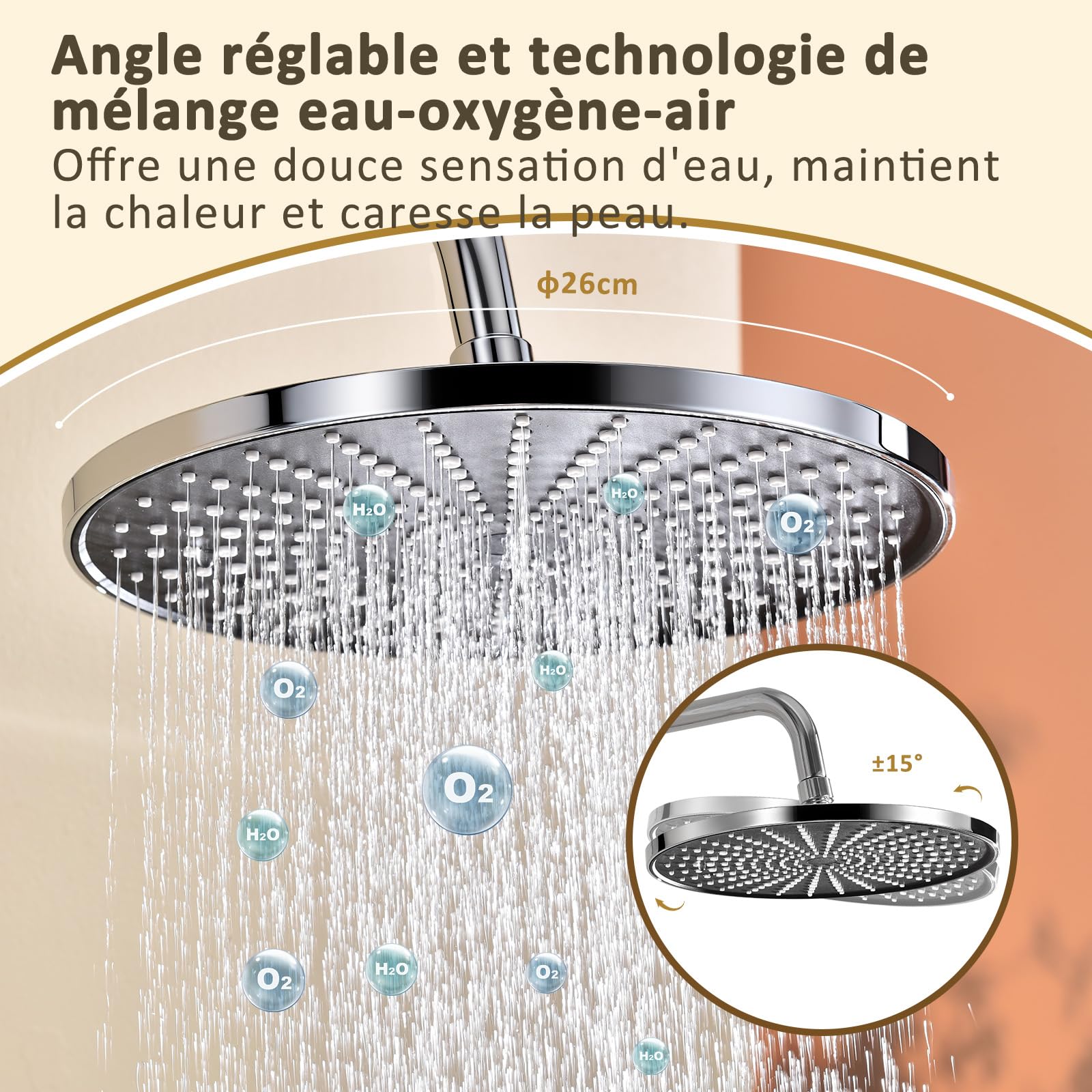 Ensemble de douche non thermostatique complet – pommeau effet pluie 26 cm et douchette triple fonction, sans mitigeur thermostatique